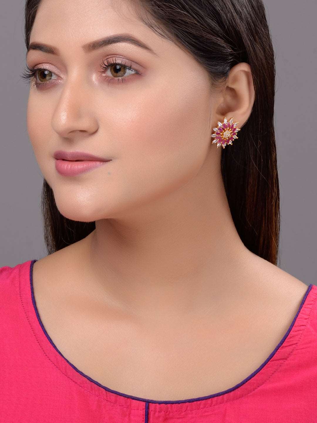 Gold Plated ornate Floral studs Red & White AD encrusted Earrings, zaveri pearls, sale price rs, sale price, sale gold plated, sale gold, sale, rubans, ring, regular price, priyassi jewellery