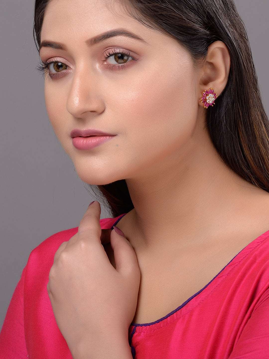 Gold Plated Contemporary Floral Stud Red and White AD Earrings, zaveri pearls, sale price rs, sale price, sale gold plated, sale gold, sale, rubans, ring, regular price, priyassi jewellery, k