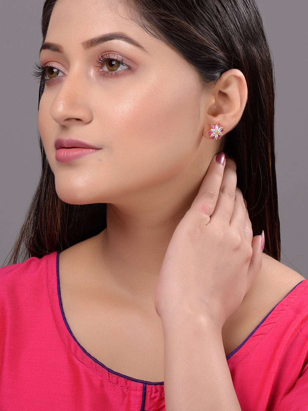 Gold Plated Floral studs Red & White AD encrusted Earrings, zaveri pearls, sale price rs, sale price, sale gold plated, sale gold, sale, rubans, ring, regular price, priyassi jewellery, kusha