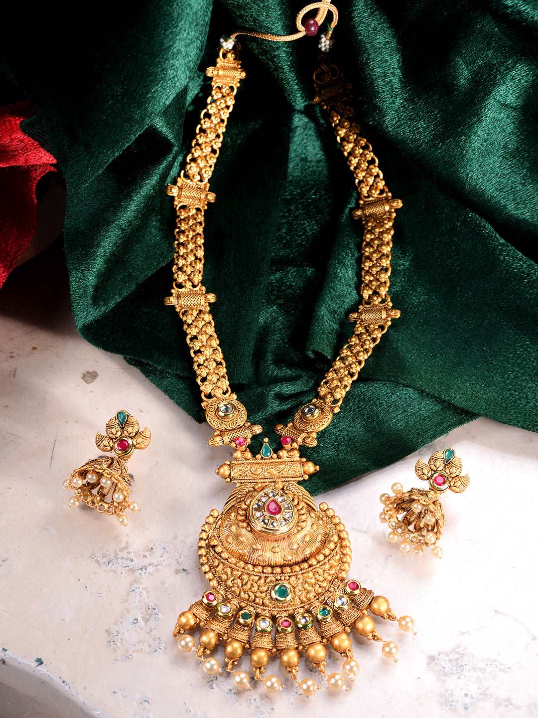 Gold Plated Kundan & Pearl studded Rajwadi Long Temple Necklace Jewellery Set, zaveri pearls, sale price rs, sale price, sale gold plated, sale gold, sale, rubans, ring, regular price, priyas
