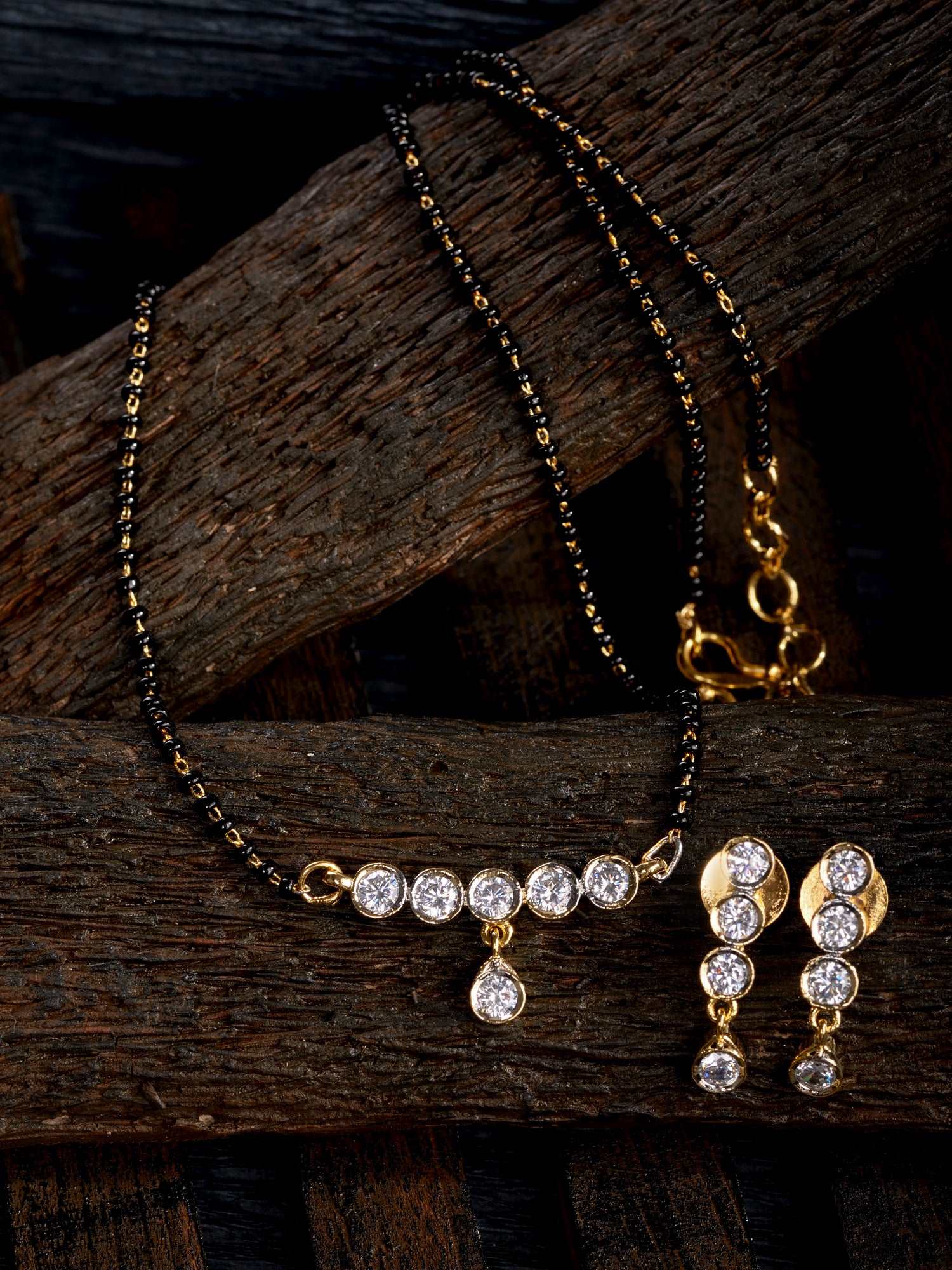 Gold Plated Black & White AD Studded & Beaded Mangalsutra Earrings, zaveri pearls, sale price rs, sale price, sale gold plated, sale gold, sale, rubans, ring, regular price, priyassi jeweller