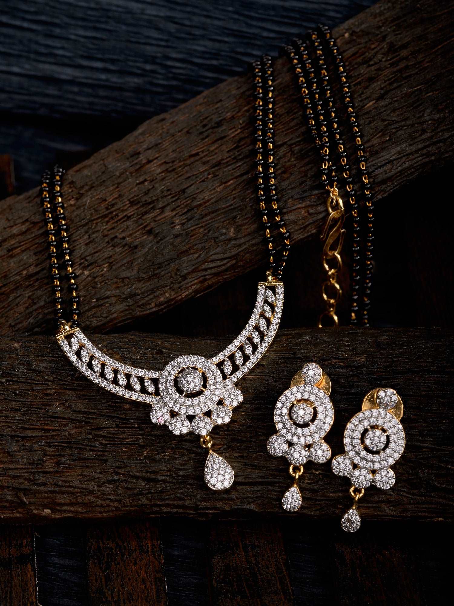 Gold Plated Black & White AD Studded & Beaded Mangalsutra Earrings, zaveri pearls, sale price rs, sale price, sale gold plated, sale gold, sale, rubans, ring, regular price, priyassi jeweller