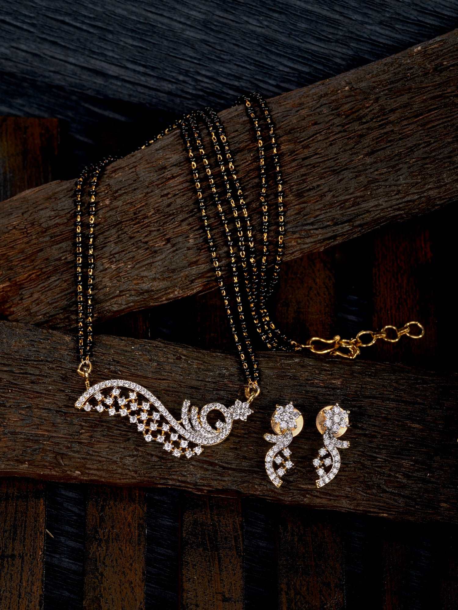 Gold Plated Black & White AD Studded & Beaded Mangalsutra Earrings, zaveri pearls, sale price rs, sale price, sale gold plated, sale gold, sale, rubans, ring, regular price, priyassi jeweller