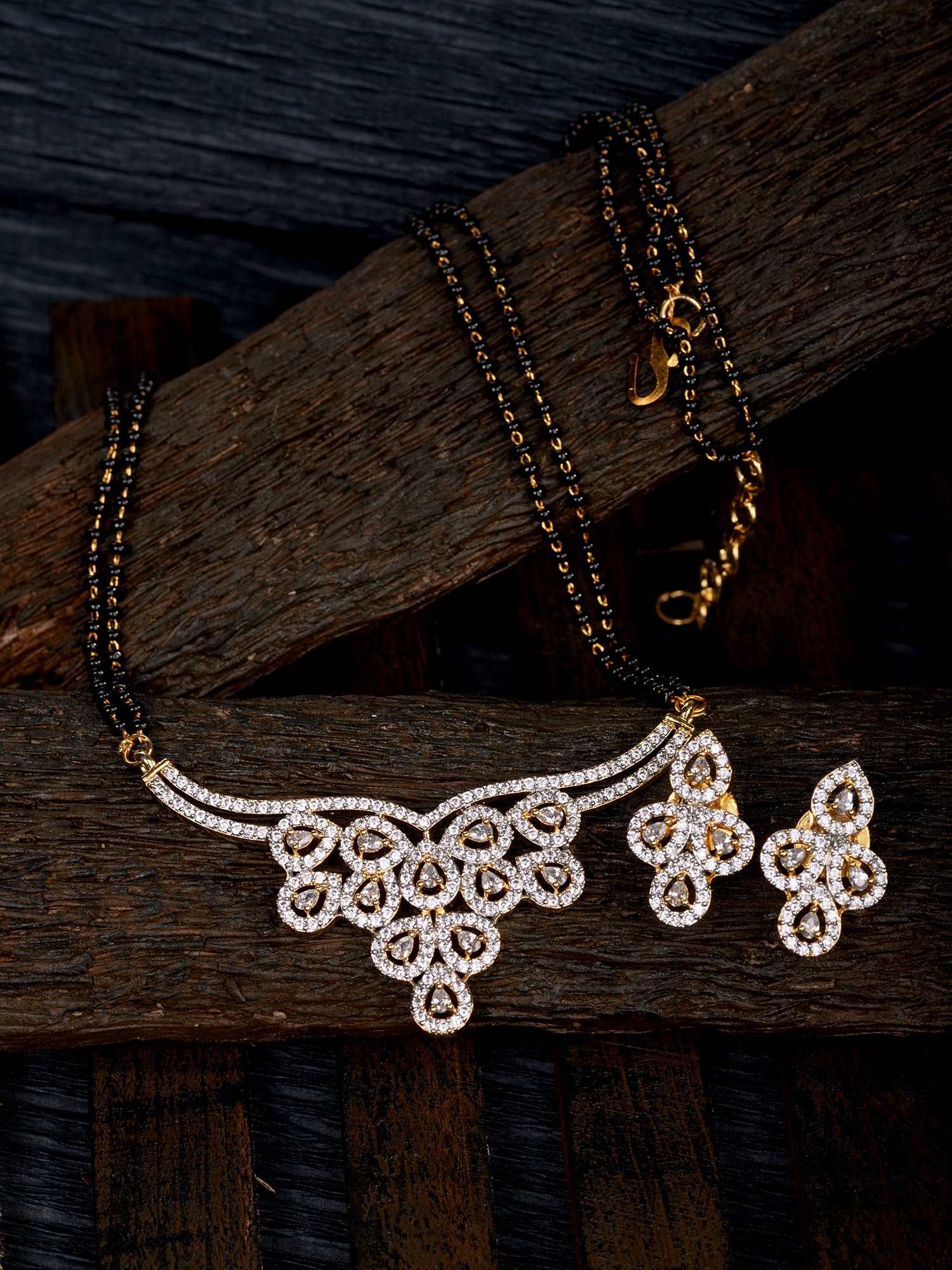 Gold Plated Black & White AD Studded & Beaded Mangalsutra Earrings, zaveri pearls, sale price rs, sale price, sale gold plated, sale gold, sale, rubans, ring, regular price, priyassi jeweller