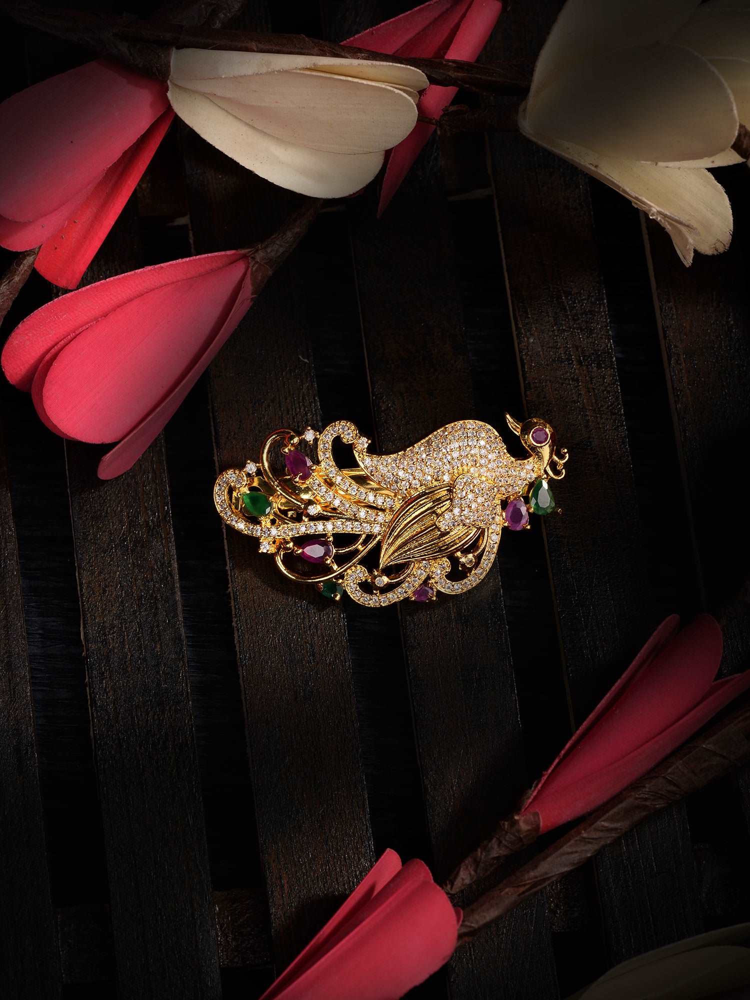 Gold Plated Red & Green Peacock Hair Claw Clip, zaveri pearls, sale price rs, sale price, sale gold plated, sale gold, sale, rubans, ring, regular price, priyassi jewellery, kushal's - Saraf 