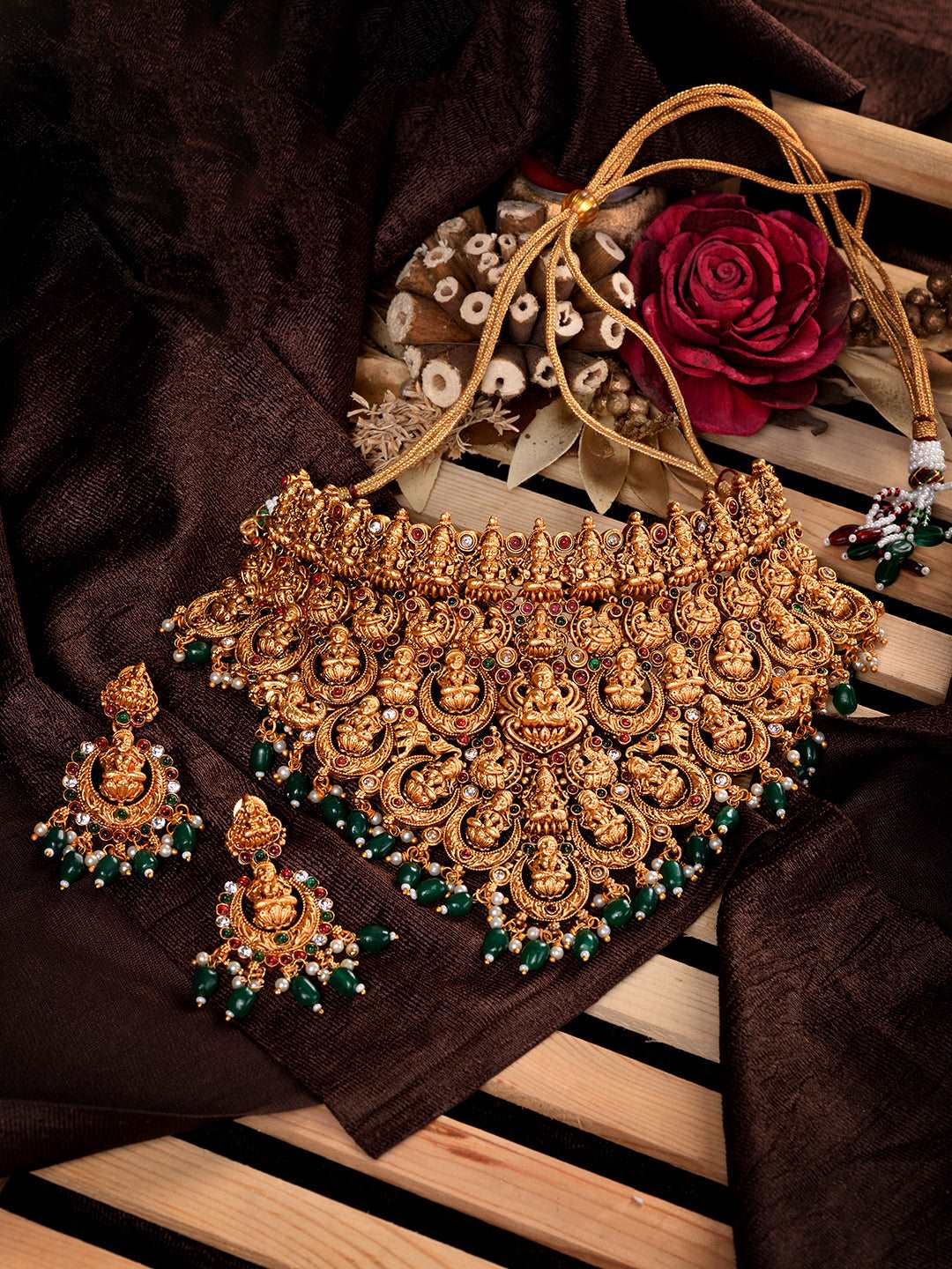 Gold Plated Intricate Temple Design Dangling Green Beads Choker Jewellery Set, zaveri pearls, sale price rs, sale price, sale gold plated, sale gold, sale, rubans, ring, regular price, priyas