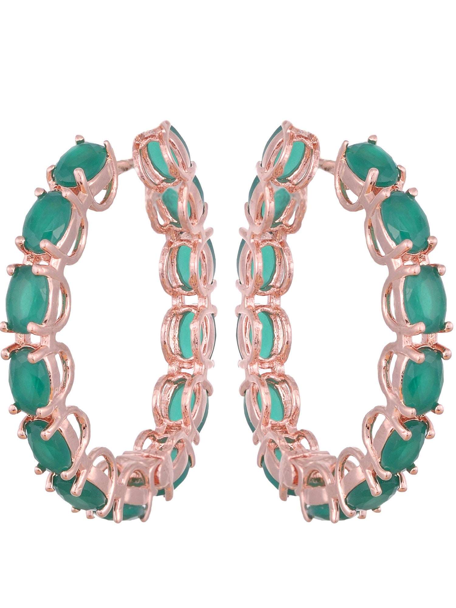 Emerald studded Hoops Rose Gold Plated Green Round Big Earrings, zaveri pearls, sale price rs, sale price, sale gold plated, sale gold, sale, rubans, ring, regular price, priyassi jewellery, 