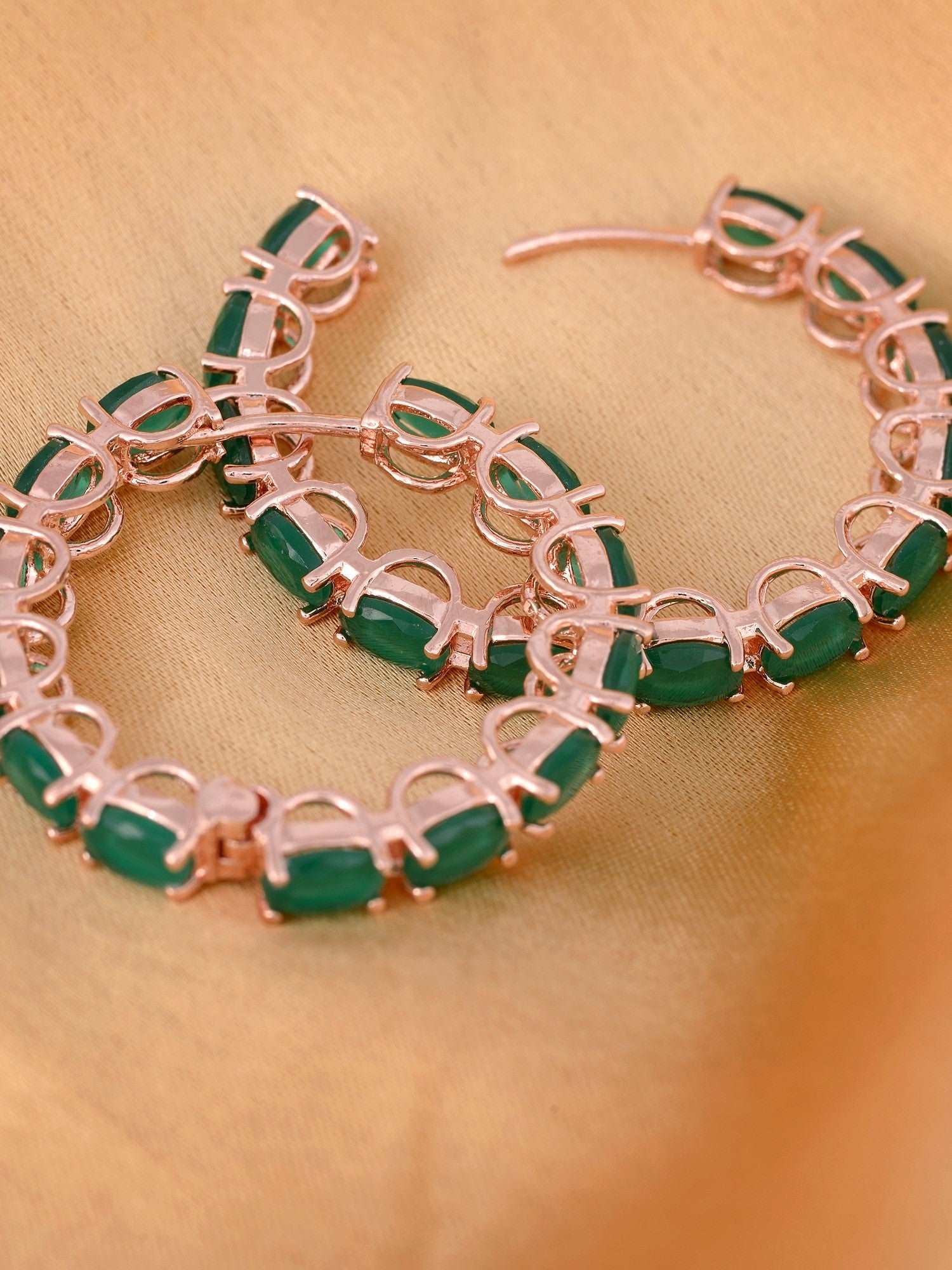 Emerald studded Hoops Rose Gold Plated Green Round Big Earrings, zaveri pearls, sale price rs, sale price, sale gold plated, sale gold, sale, rubans, ring, regular price, priyassi jewellery, 