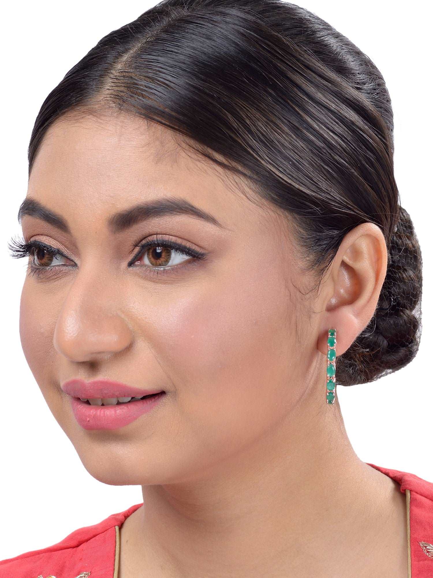 Emerald studded Hoops Rose Gold Plated Green Round Big Earrings, zaveri pearls, sale price rs, sale price, sale gold plated, sale gold, sale, rubans, ring, regular price, priyassi jewellery, 