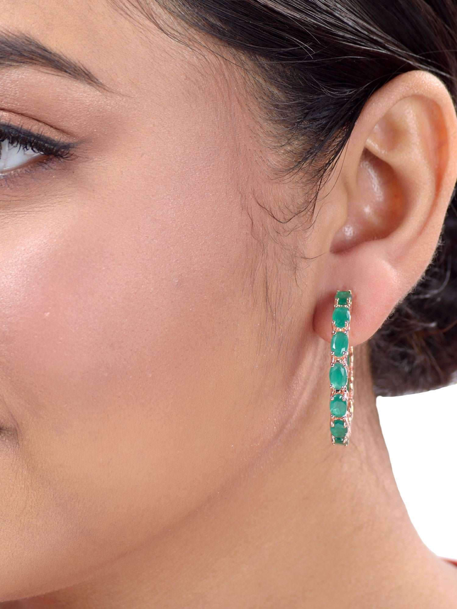 Emerald studded Hoops Rose Gold Plated Green Round Big Earrings, zaveri pearls, sale price rs, sale price, sale gold plated, sale gold, sale, rubans, ring, regular price, priyassi jewellery, 