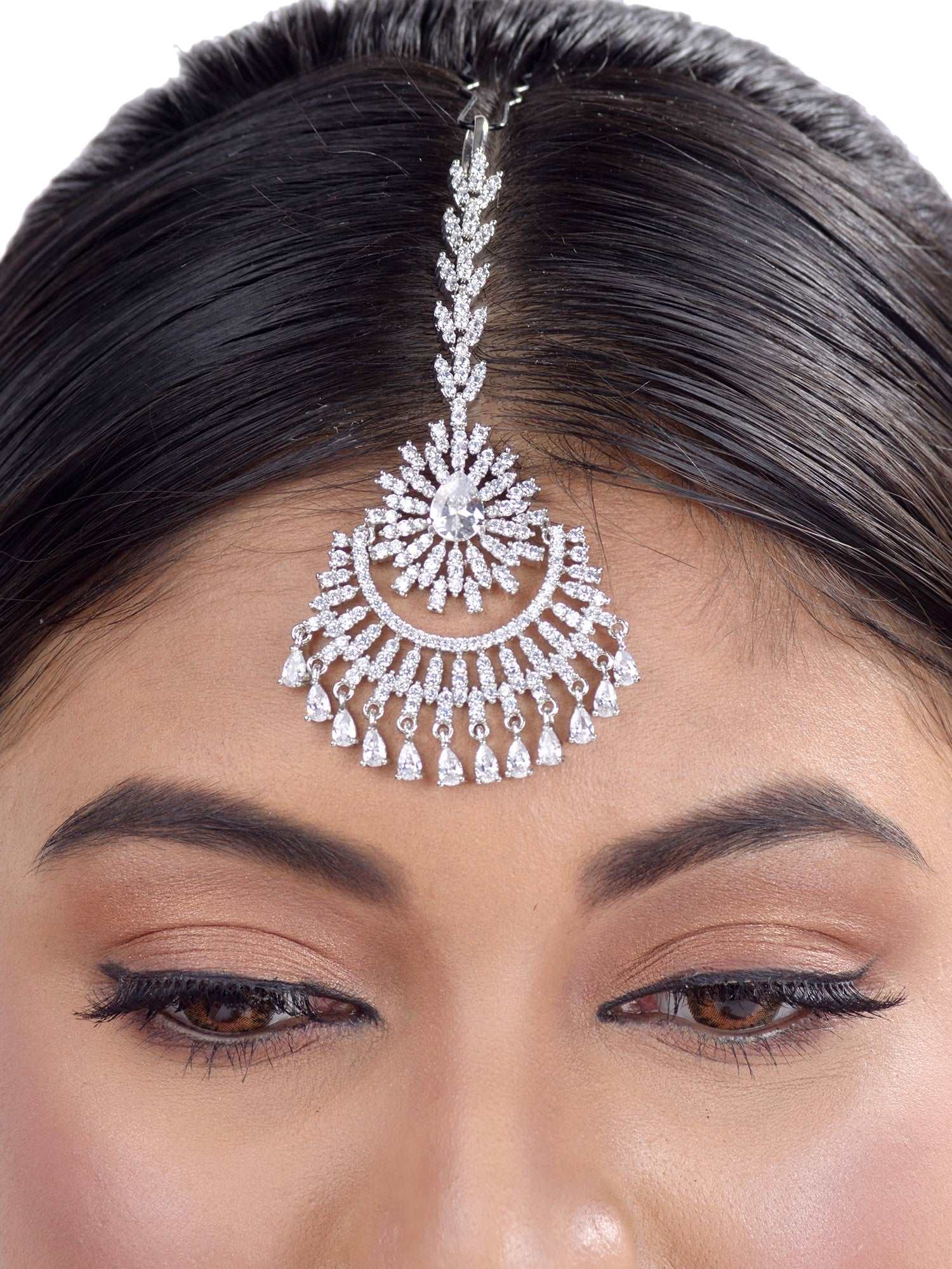 Chandbali style Diamond Maang Tikka Silver plated & AD studded for Women & Girls, zaveri pearls, sale price rs, sale price, sale gold plated, sale gold, sale, rubans, ring, regular price, pri