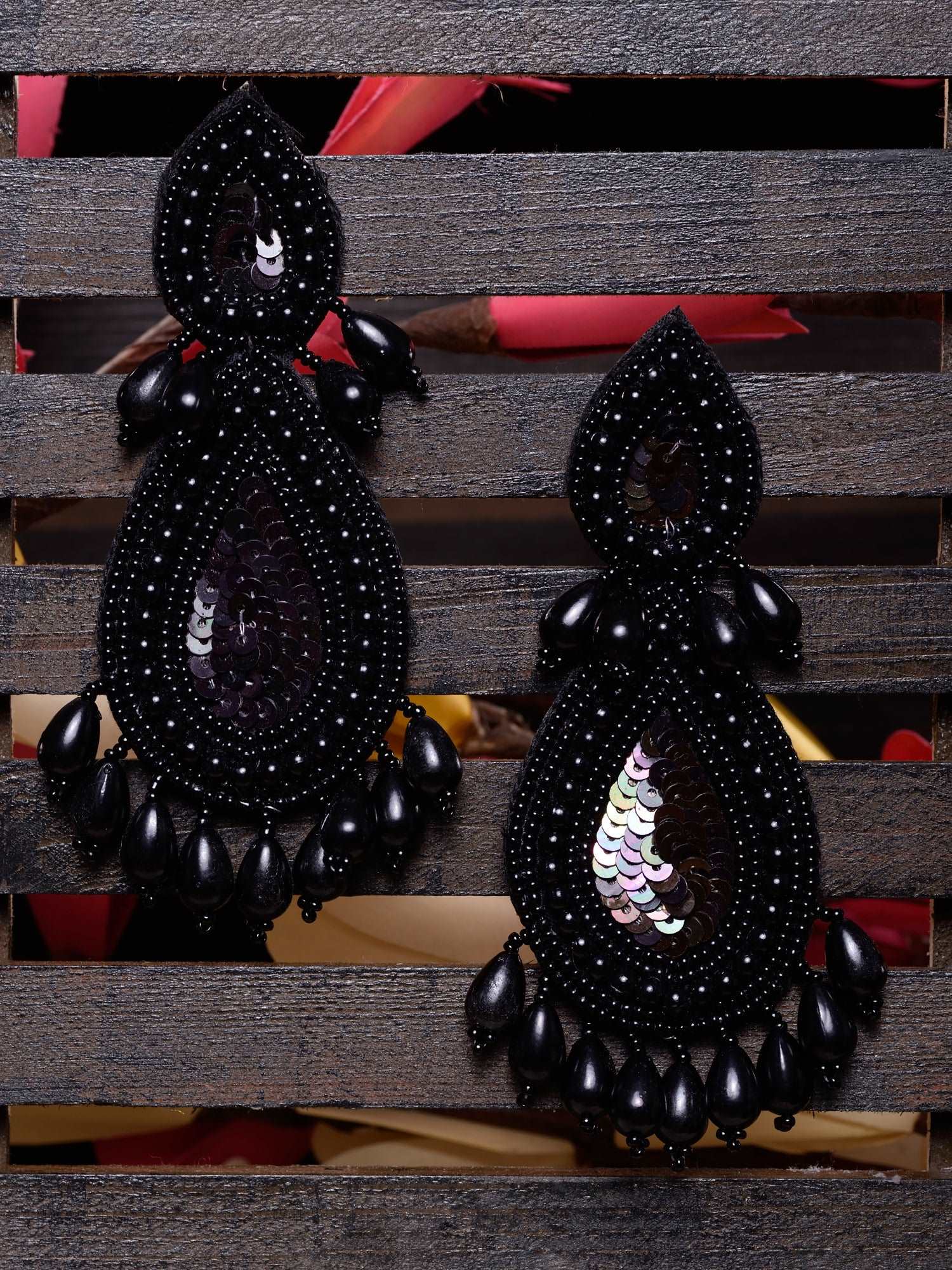 Black Contemporary Dropdown Earrings, zaveri pearls, sale price rs, sale price, sale gold plated, sale gold, sale, rubans, ring, regular price, priyassi jewellery, kushal's - Saraf RS Jewelle