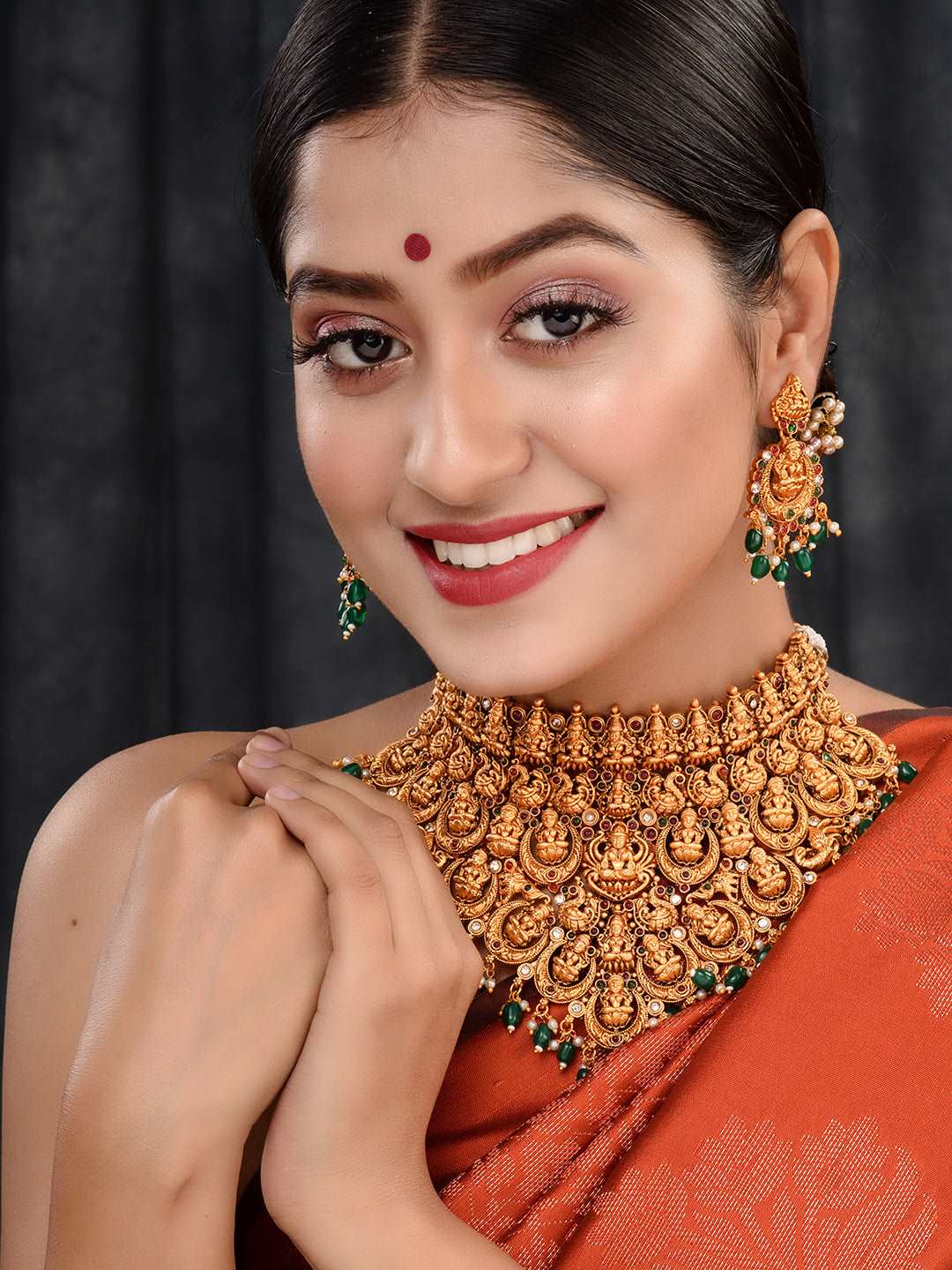 Gold Plated Intricate Temple Design Dangling Green Beads Choker Jewellery Set, zaveri pearls, sale price rs, sale price, sale gold plated, sale gold, sale, rubans, ring, regular price, priyas