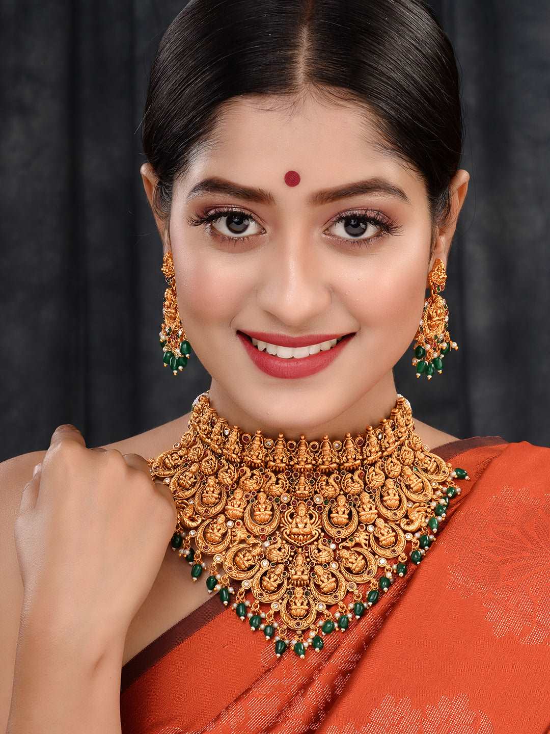 Gold Plated Intricate Temple Design Dangling Green Beads Choker Jewellery Set, zaveri pearls, sale price rs, sale price, sale gold plated, sale gold, sale, rubans, ring, regular price, priyas