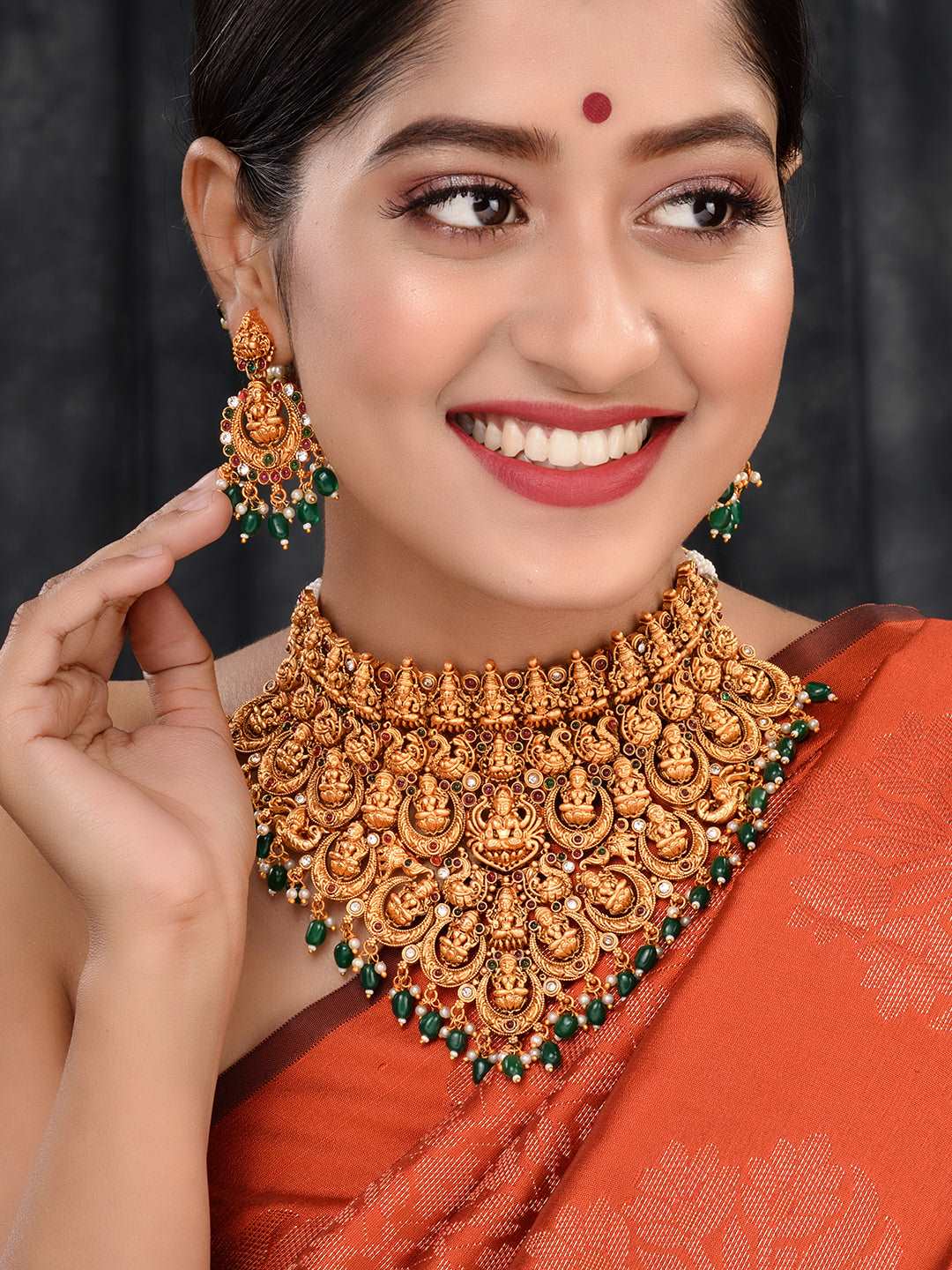 Gold Plated Intricate Temple Design Dangling Green Beads Choker Jewellery Set, zaveri pearls, sale price rs, sale price, sale gold plated, sale gold, sale, rubans, ring, regular price, priyas