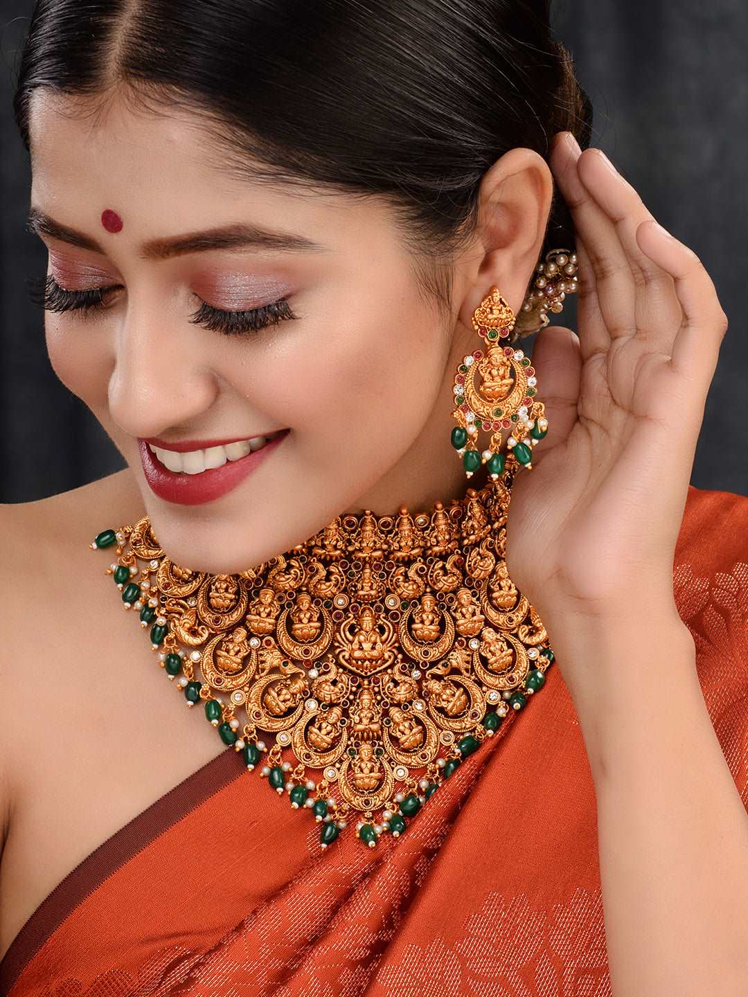 Gold Plated Intricate Temple Design Dangling Green Beads Choker Jewellery Set, zaveri pearls, sale price rs, sale price, sale gold plated, sale gold, sale, rubans, ring, regular price, priyas