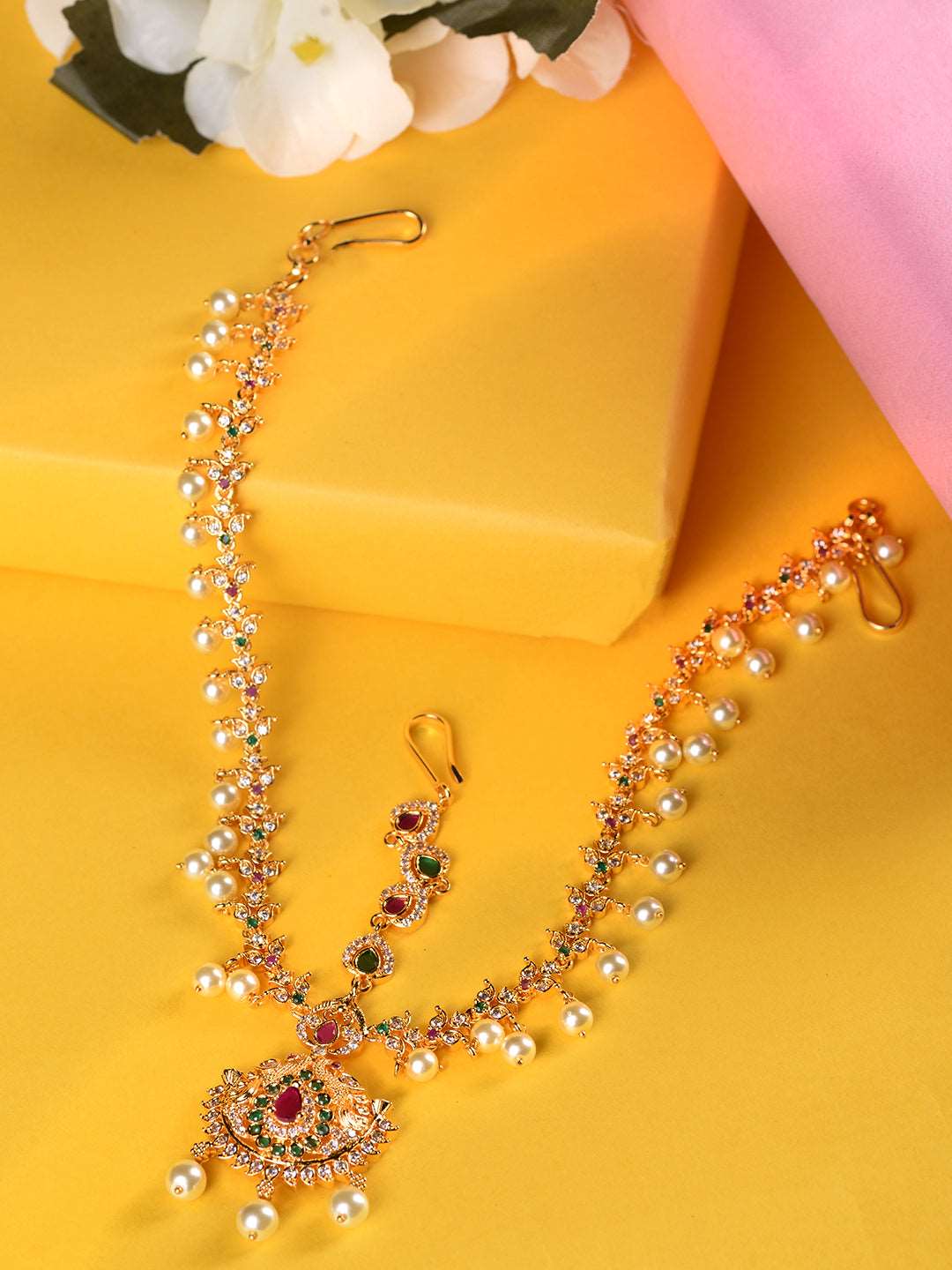 Gold Plated AD Studded Pearl Beaded Bridal Matha Patti Maangtika, zaveri pearls, sale price rs, sale price, sale gold plated, sale gold, sale, rubans, ring, regular price, priyassi jewellery,