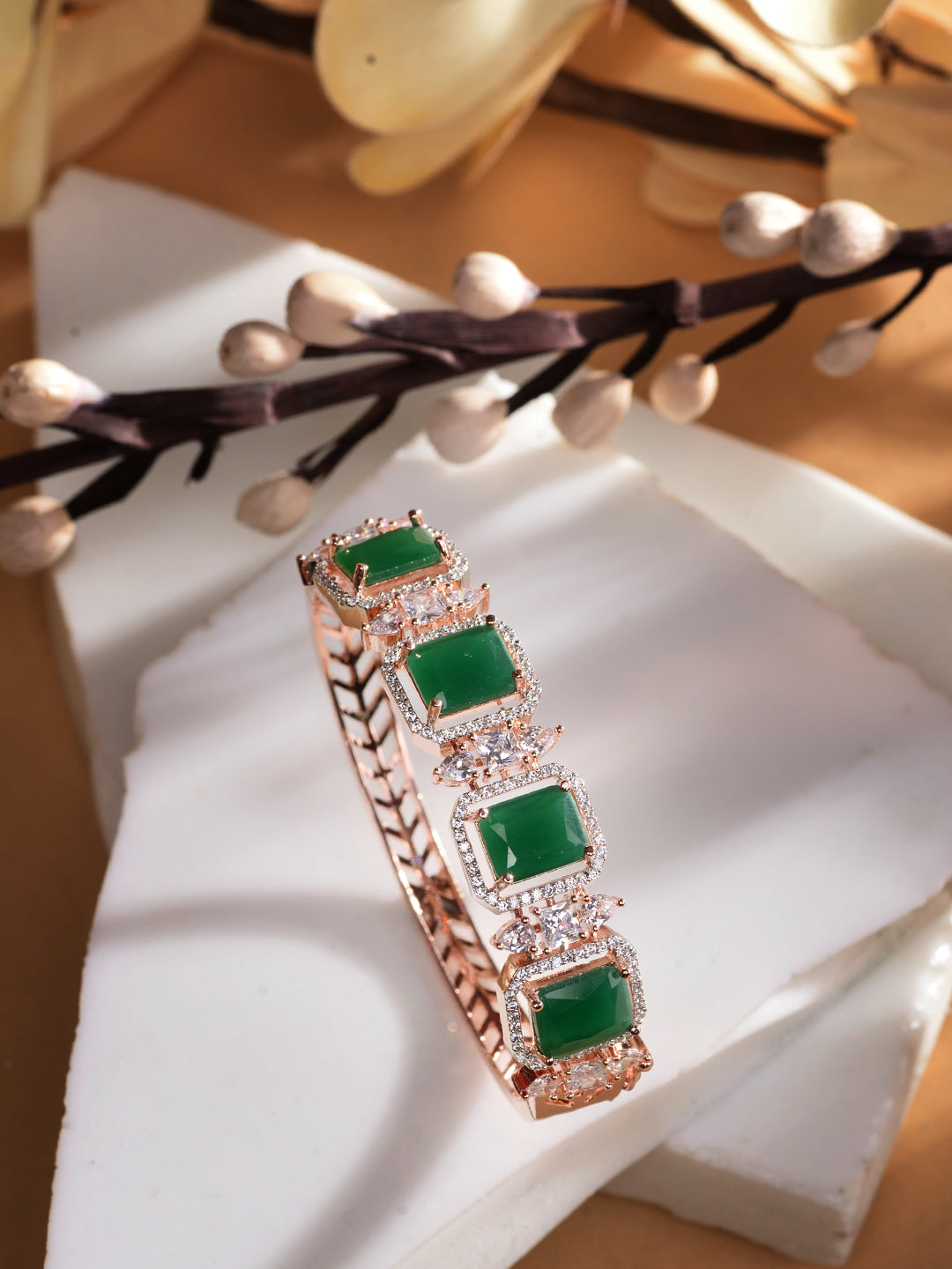 Rose Gold Plated Green Emerald Studded Statement Bracelet, zaveri pearls, sale price rs, sale price, sale gold plated, sale gold, sale, rubans, ring, regular price, priyassi jewellery, kushal