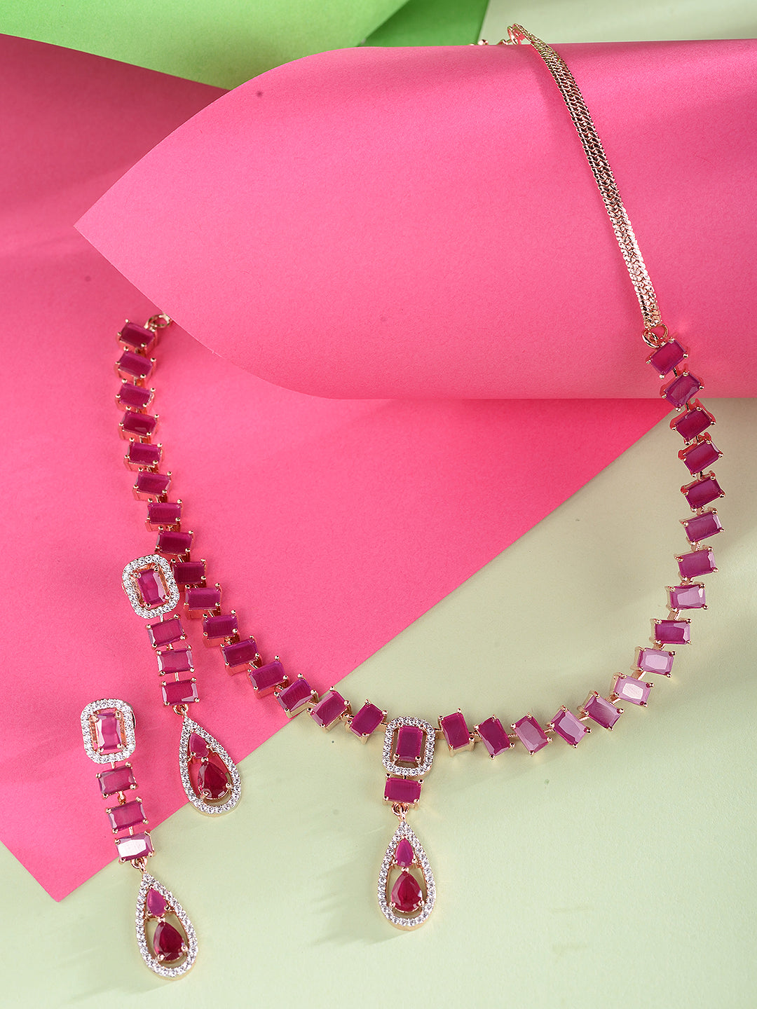 Rose Gold Toned Ruby Pink AD Studded Minimal Necklace Jewellery Set, zaveri pearls, sale price rs, sale price, sale gold plated, sale gold, sale, rubans, ring, regular price, priyassi jewelle