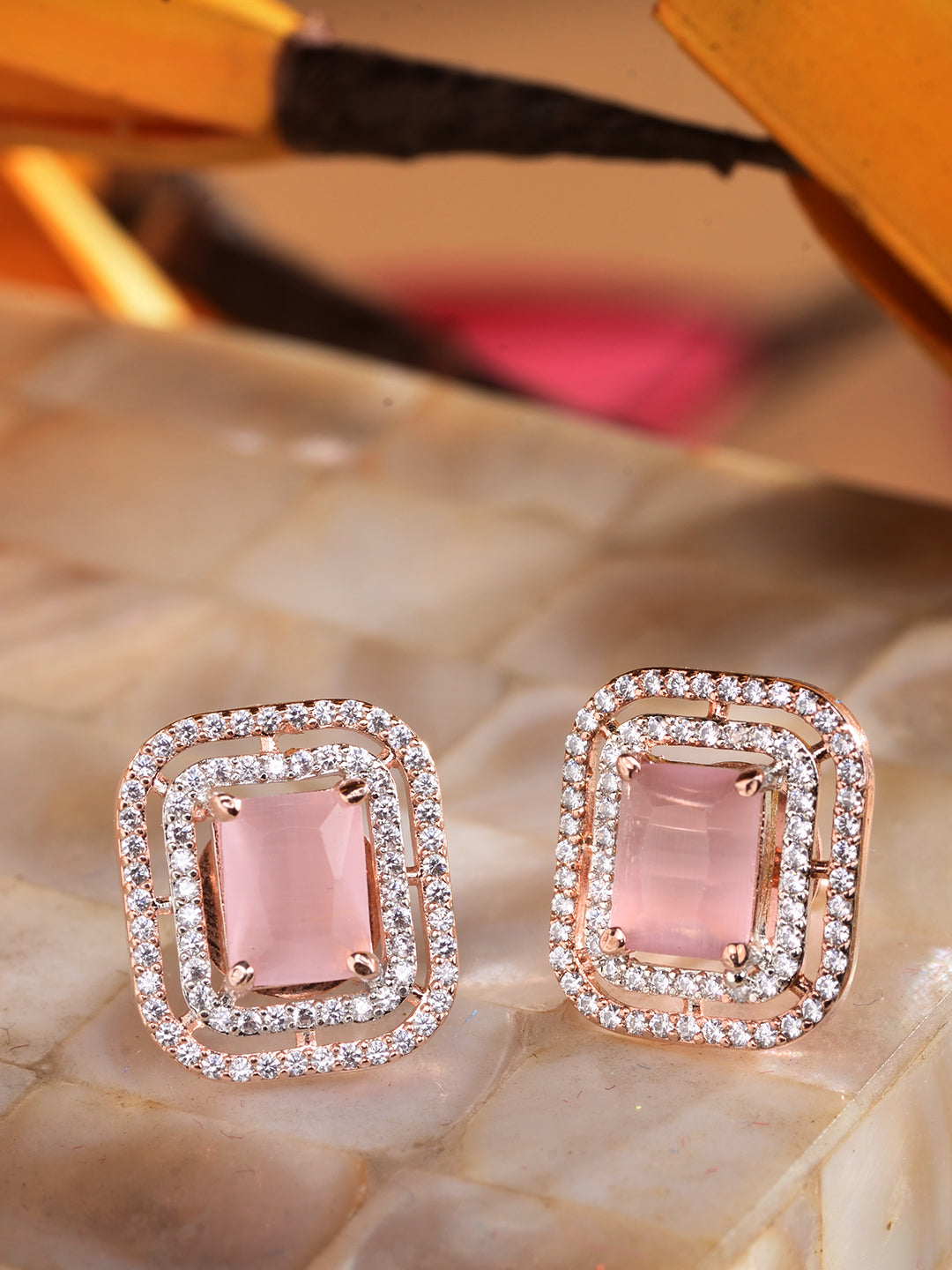 Women Pink Square Studs Earrings, zaveri pearls, sale price rs, sale price, sale gold plated, sale gold, sale, rubans, ring, regular price, priyassi jewellery, kushal's - Saraf RS Jewellery