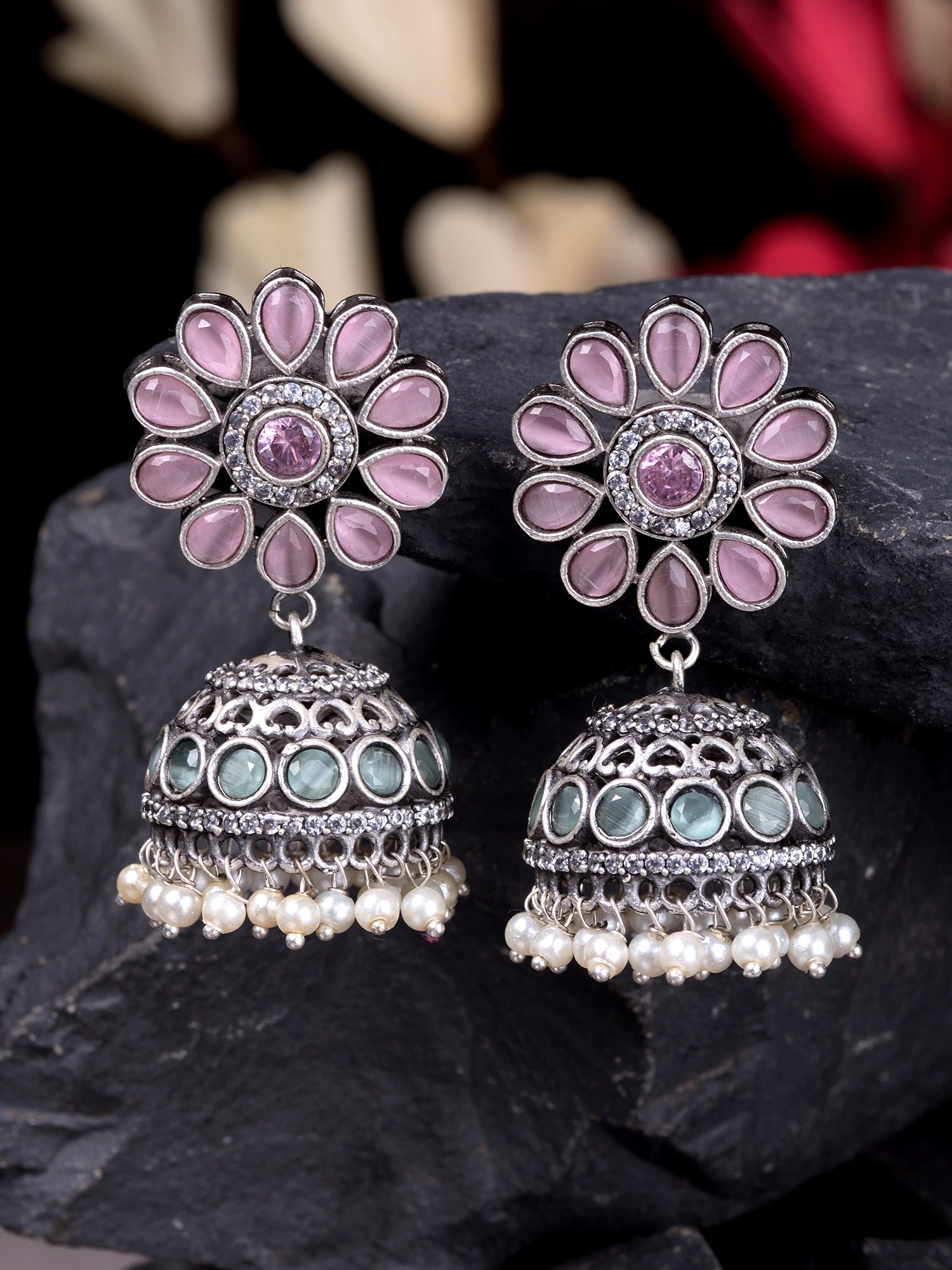 Oxidised Siver Pink Stone Studded Dome Jhumka Earrings, zaveri pearls, sale price rs, sale price, sale gold plated, sale gold, sale, rubans, ring, regular price, priyassi jewellery, kushal's 