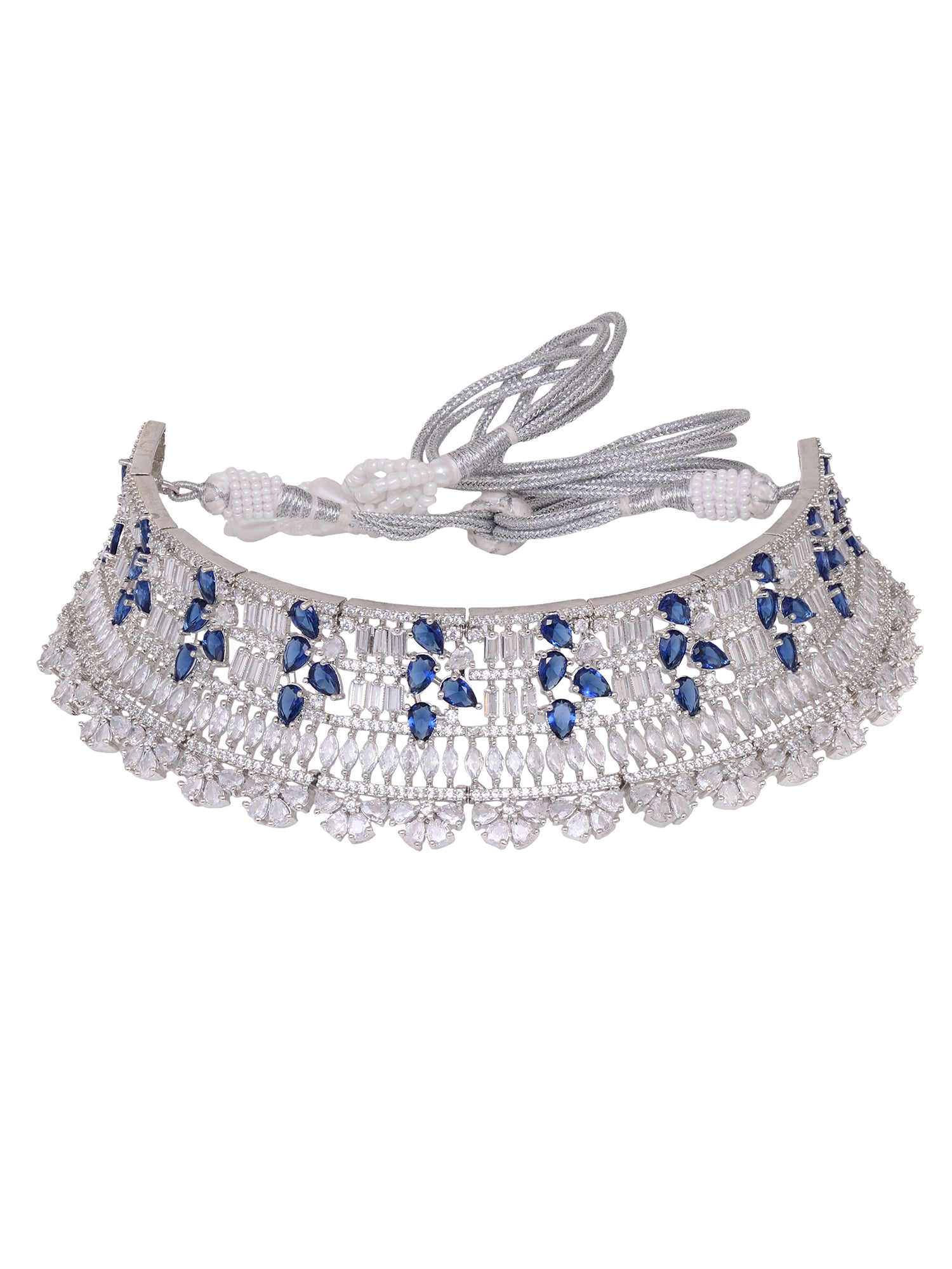 Silver Toned Blue Studded Designer Choker Jewellery Set mang Tika, zaveri pearls, sale price rs, sale price, sale gold plated, sale gold, sale, rubans, ring, regular price, priyassi jewellery