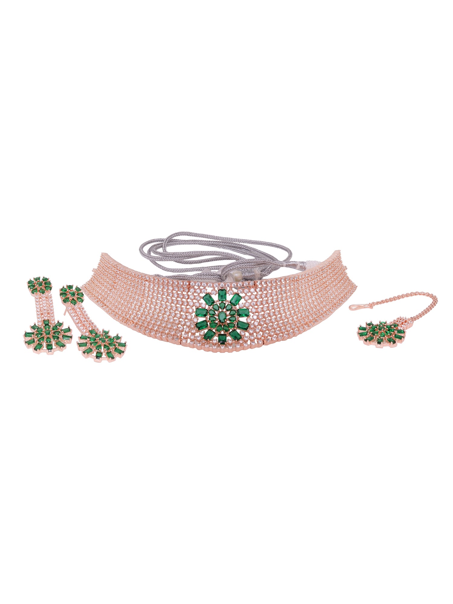Rose gold Toned Green AD Studded Contemporary Choker Jewellery Set Tika, zaveri pearls, sale price rs, sale price, sale gold plated, sale gold, sale, rubans, ring, regular price, priyassi jew