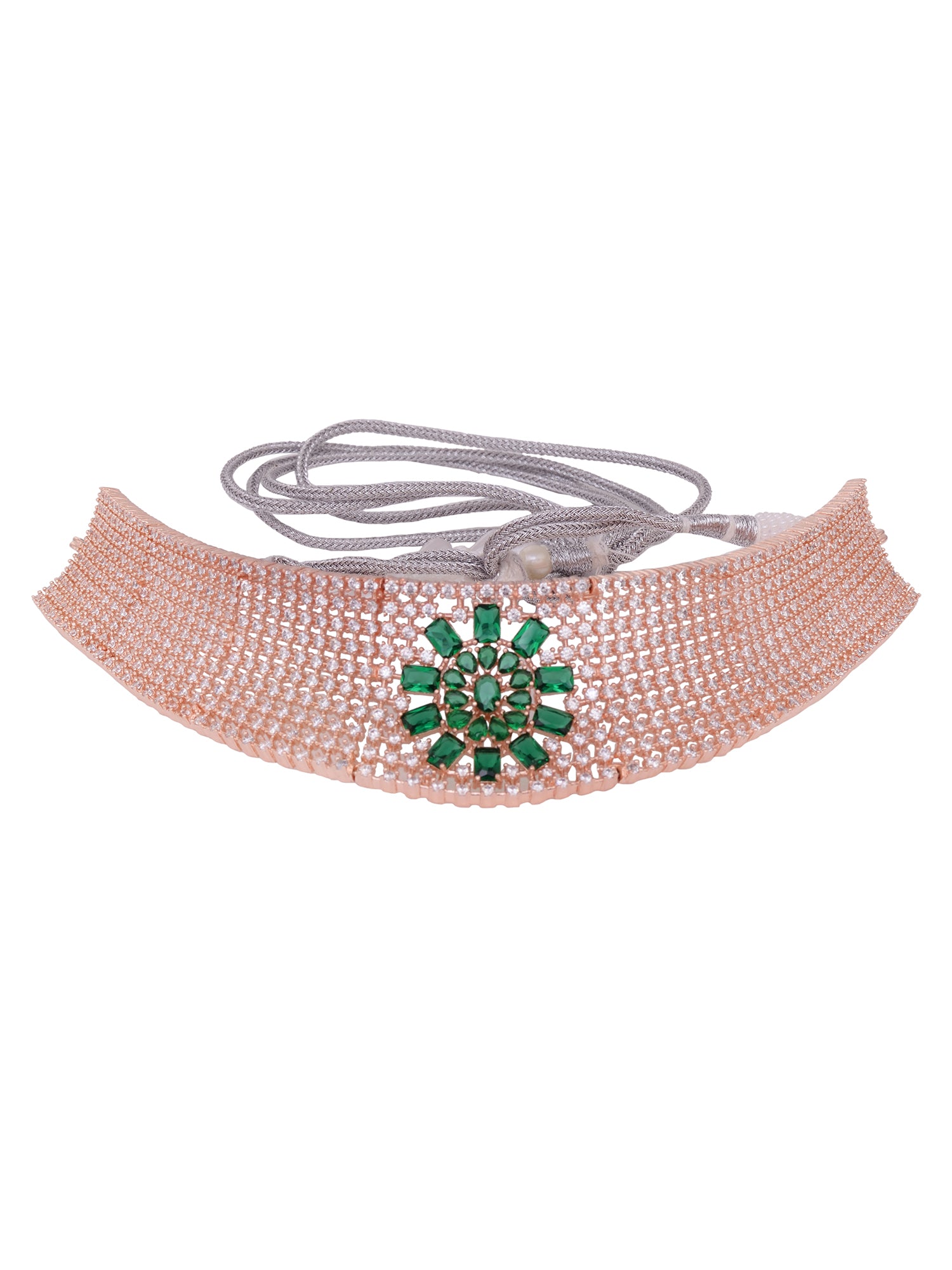 Rose gold Toned Green AD Studded Contemporary Choker Jewellery Set Tika, zaveri pearls, sale price rs, sale price, sale gold plated, sale gold, sale, rubans, ring, regular price, priyassi jew