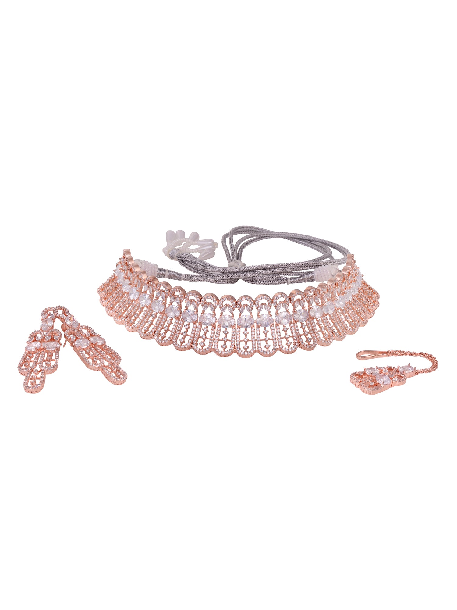 Rose Gold Plated White AD Studded Designer Choker Jewellery Set Mang Tika, zaveri pearls, sale price rs, sale price, sale gold plated, sale gold, sale, rubans, ring, regular price, priyassi j