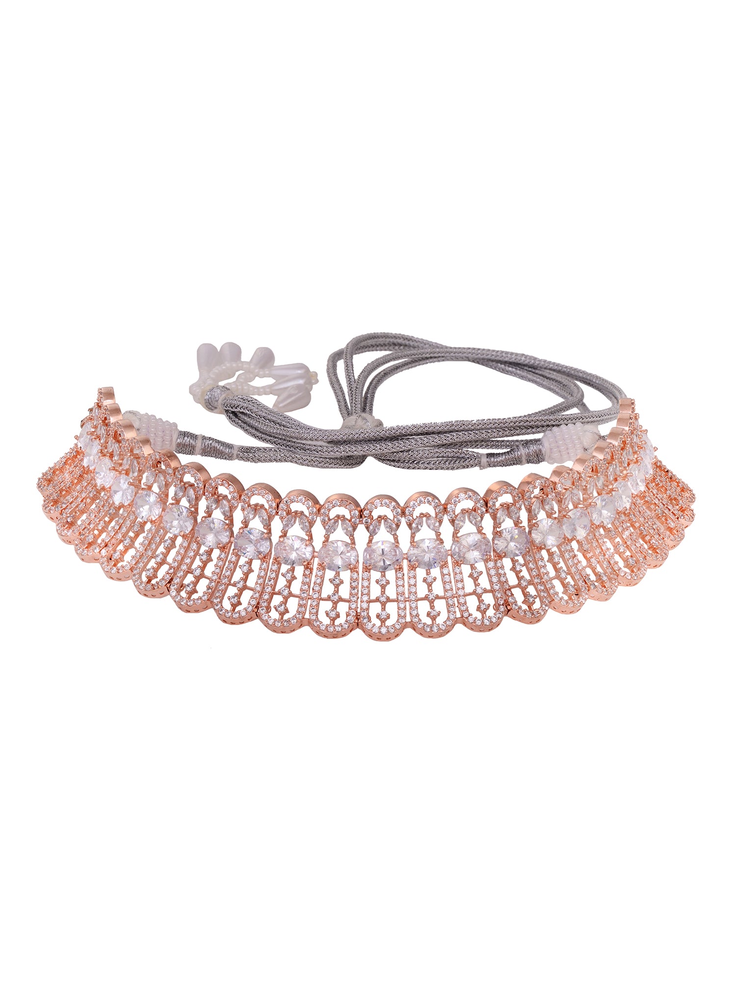 Rose Gold Plated White AD Studded Designer Choker Jewellery Set Mang Tika, zaveri pearls, sale price rs, sale price, sale gold plated, sale gold, sale, rubans, ring, regular price, priyassi j