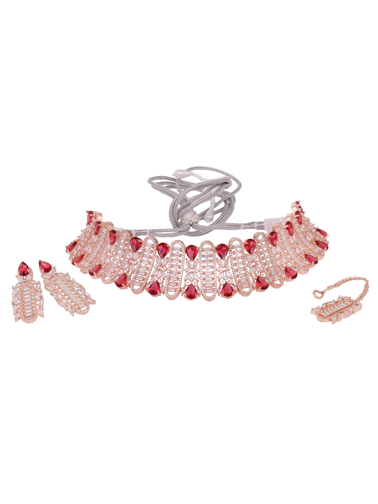Rose Gold Plated Red & White AD Studded Choker Tika Jewellery Set, zaveri pearls, sale price rs, sale price, sale gold plated, sale gold, sale, rubans, ring, regular price, priyassi jewellery