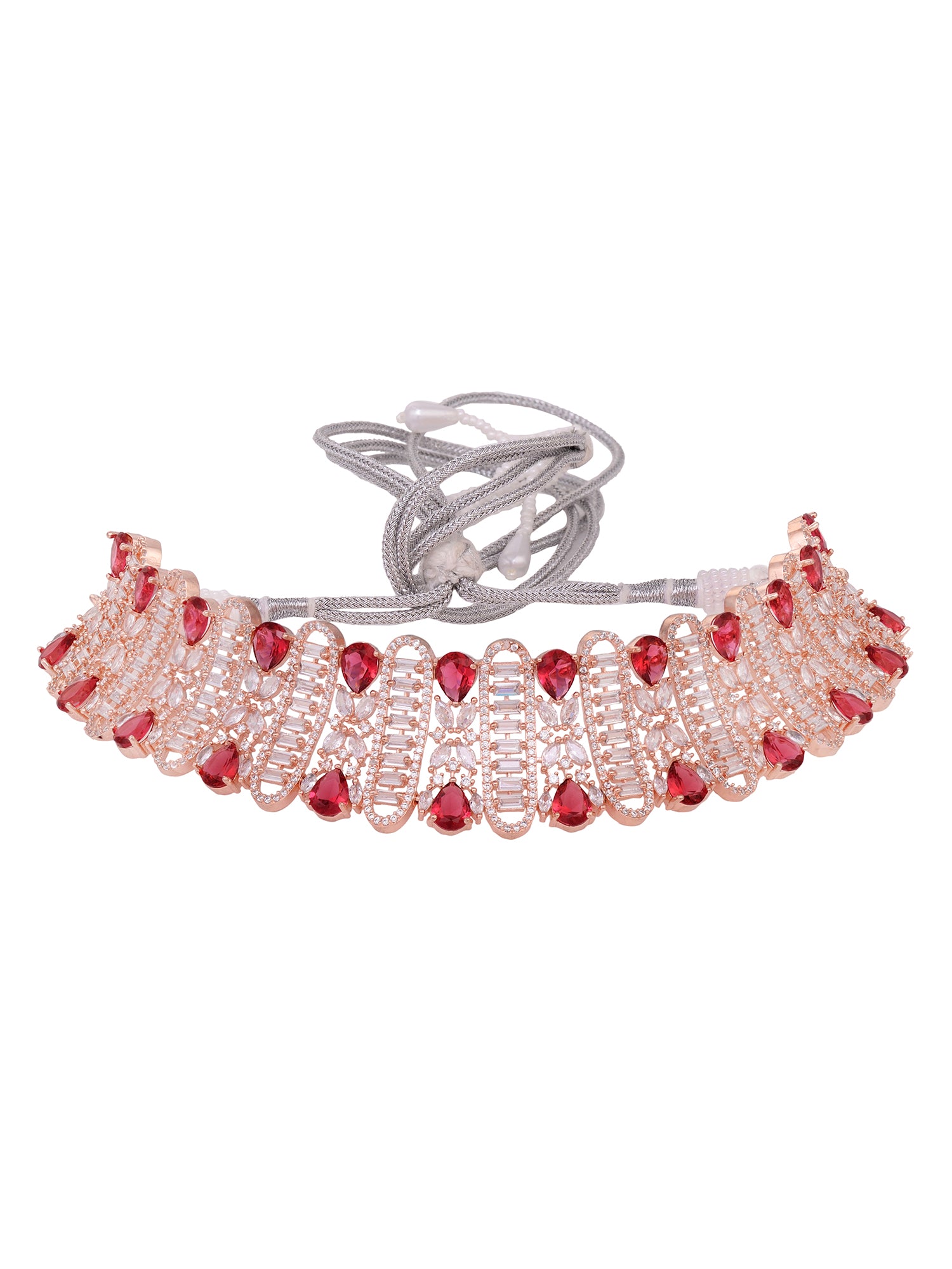 Rose Gold Plated Red & White AD Studded Choker Tika Jewellery Set, zaveri pearls, sale price rs, sale price, sale gold plated, sale gold, sale, rubans, ring, regular price, priyassi jewellery