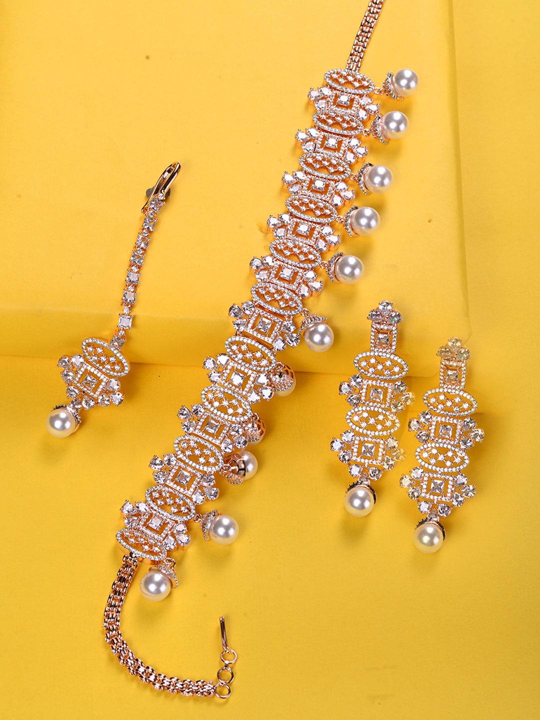 Rose Gold Toned White AD Studded & Pearl Beaded Choker Jewellery Set Mangtika, zaveri pearls, sale price rs, sale price, sale gold plated, sale gold, sale, rubans, ring, regular price, priyas