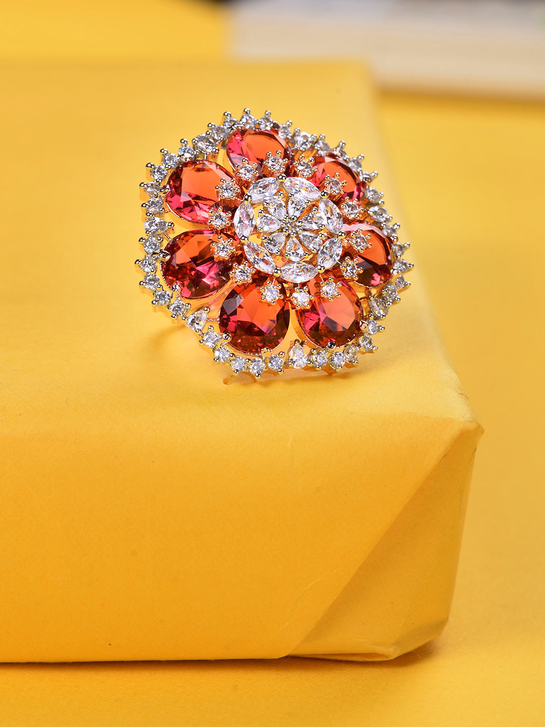 Rose Gold Toned Ruby Studded Cocktail Finger Ring, zaveri pearls, sale price rs, sale price, sale gold plated, sale gold, sale, rubans, ring, regular price, priyassi jewellery, kushal's - Sar