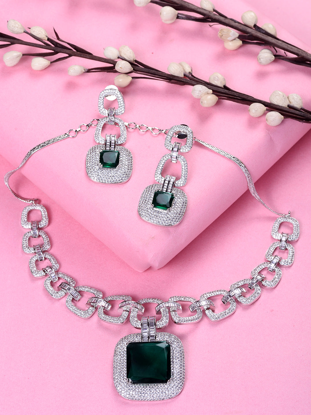 Silver Plated Green AD Studded Statement Necklace Jewellery Set, zaveri pearls, sale price rs, sale price, sale gold plated, sale gold, sale, rubans, ring, regular price, priyassi jewellery, 