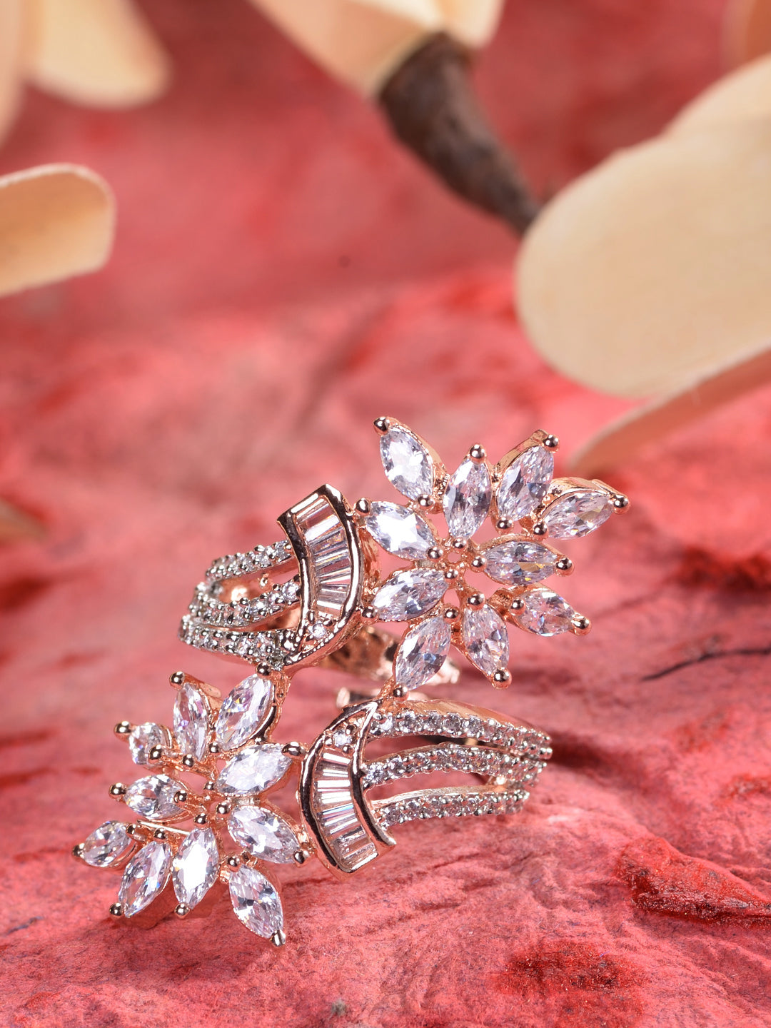 Rose Gold Polished White AD Floral Engagement Ring, zaveri pearls, sale price rs, sale price, sale gold plated, sale gold, sale, rubans, ring, regular price, priyassi jewellery, kushal's - Sa