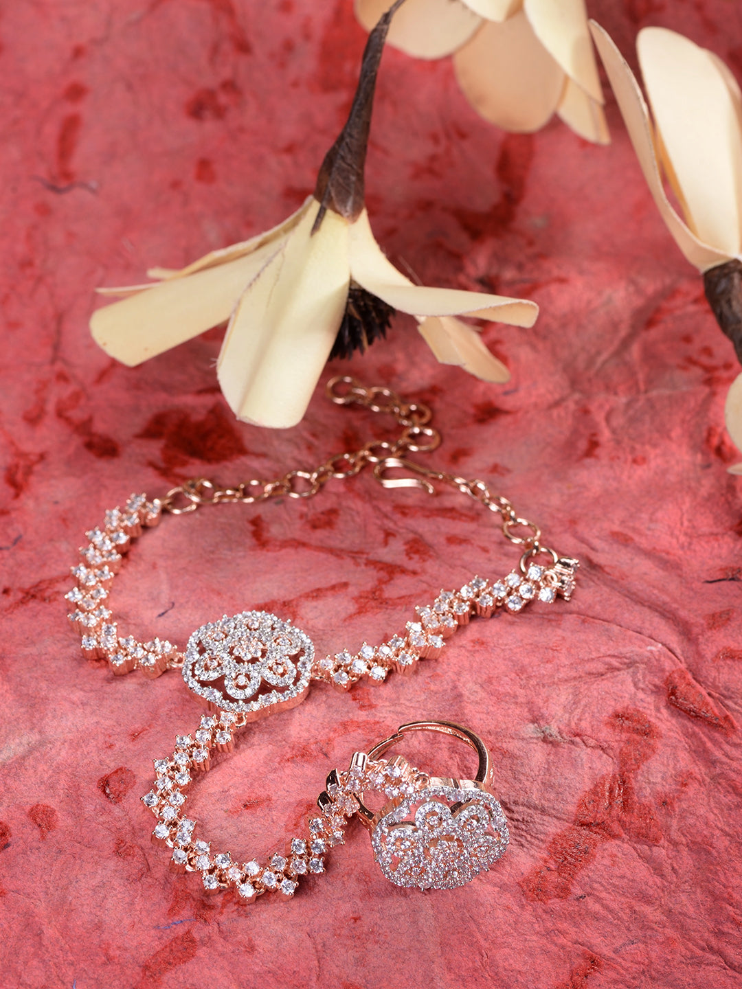 Rose Gold Plated AD Studded Bridal Hathphool Ring Bracelet, zaveri pearls, sale price rs, sale price, sale gold plated, sale gold, sale, rubans, ring, regular price, priyassi jewellery, kusha