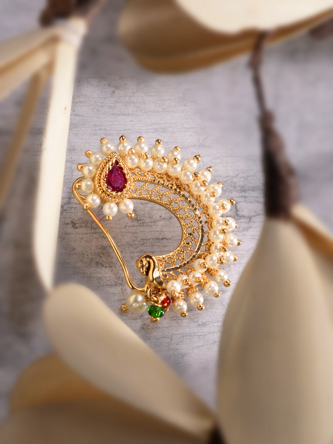 Gold Plated White Pearl Beaded Peshwai Moti Nath, zaveri pearls, sale price rs, sale price, sale gold plated, sale gold, sale, rubans, ring, regular price, priyassi jewellery, kushal's - Sara