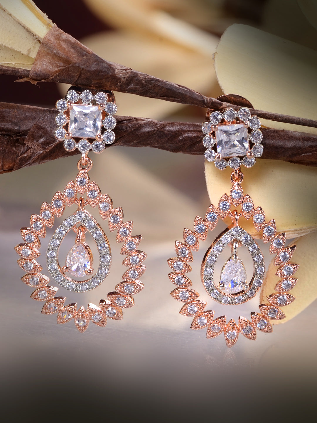 Rose Gold Plated AD Studded modern Chandbali Earrings, zaveri pearls, sale price rs, sale price, sale gold plated, sale gold, sale, rubans, ring, regular price, priyassi jewellery, kushal's -