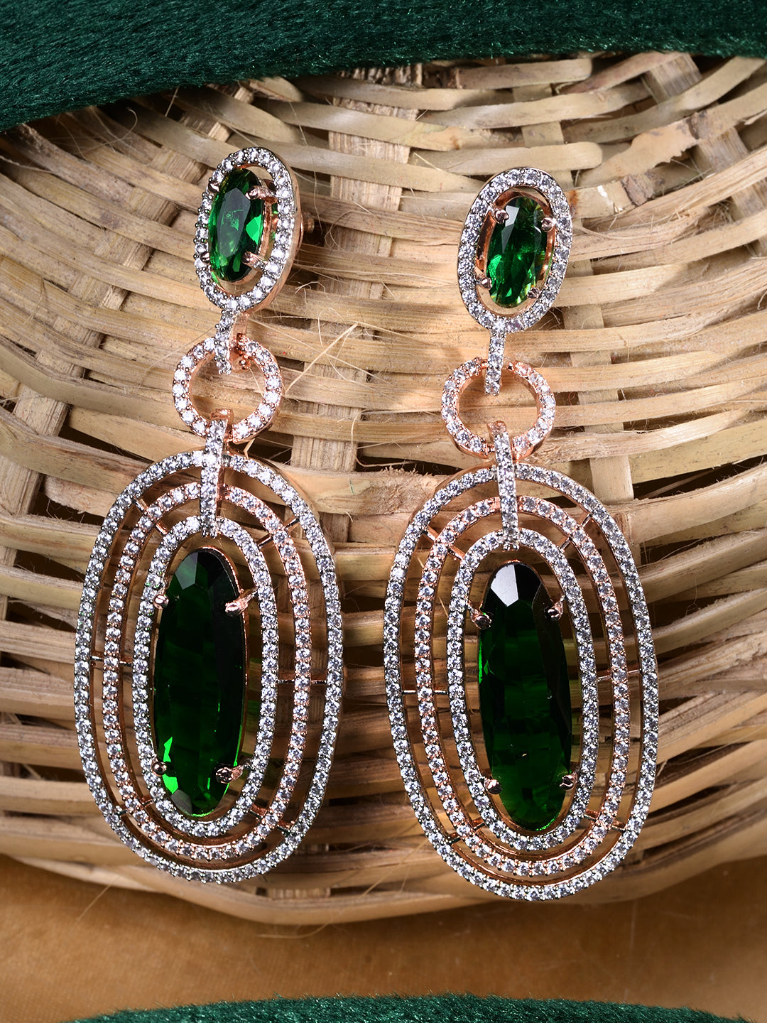 Rose Gold Plated Green AD Studded Oval Statement Earrings, zaveri pearls, sale price rs, sale price, sale gold plated, sale gold, sale, rubans, ring, regular price, priyassi jewellery, kushal