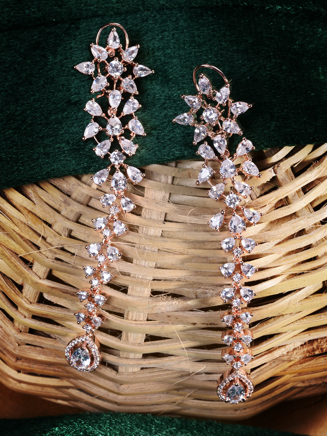 Rose Gold Plated White AD embellished Dropdown Dangler Earrings, zaveri pearls, sale price rs, sale price, sale gold plated, sale gold, sale, rubans, ring, regular price, priyassi jewellery, 