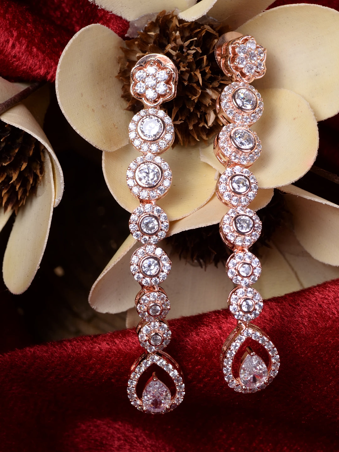 Rose Gold Plated White AD Studded Long Dangler Earrings, zaveri pearls, sale price rs, sale price, sale gold plated, sale gold, sale, rubans, ring, regular price, priyassi jewellery, kushal's