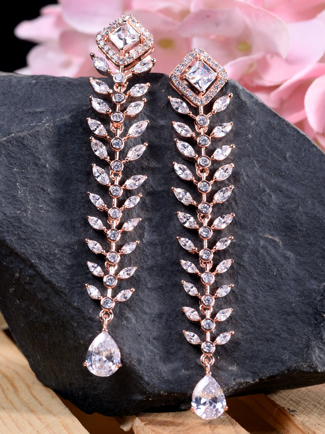 Rose Gold Plated White AD Encrusted Feather Design Earings, zaveri pearls, sale price rs, sale price, sale gold plated, sale gold, sale, rubans, ring, regular price, priyassi jewellery, kusha