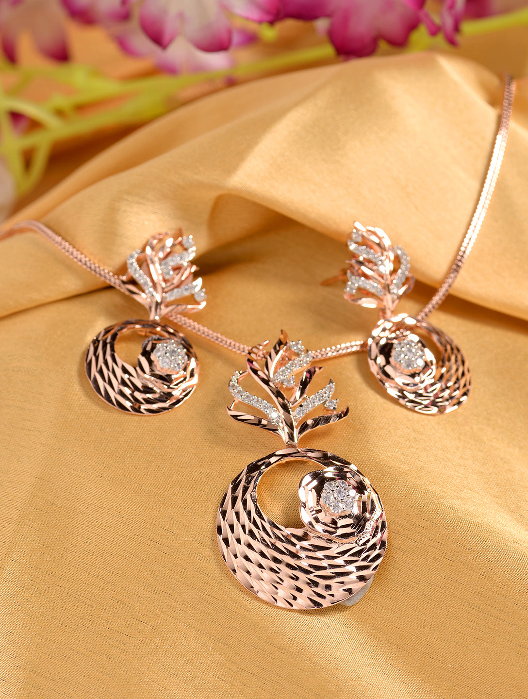 Rose Gold plated AD studded Round Pendant Earrings set chain, zaveri pearls, sale price rs, sale price, sale gold plated, sale gold, sale, rubans, ring, regular price, priyassi jewellery, kus