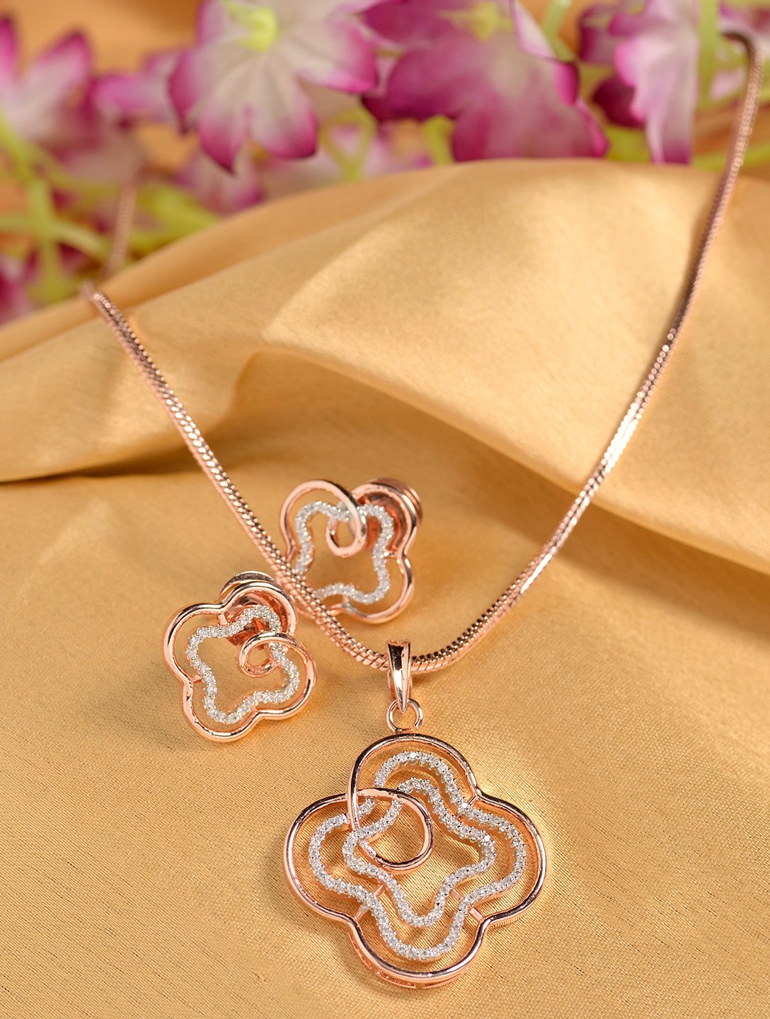 Rose Gold plated AD studded Floral design Pendant Earrings set chain, zaveri pearls, sale price rs, sale price, sale gold plated, sale gold, sale, rubans, ring, regular price, priyassi jewell