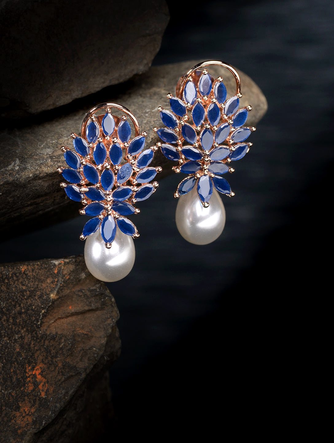 Rose Gold Plated Luxurious Blue AD studded Pearl Drop Earring, zaveri pearls, sale price rs, sale price, sale gold plated, sale gold, sale, rubans, ring, regular price, priyassi jewellery, ku