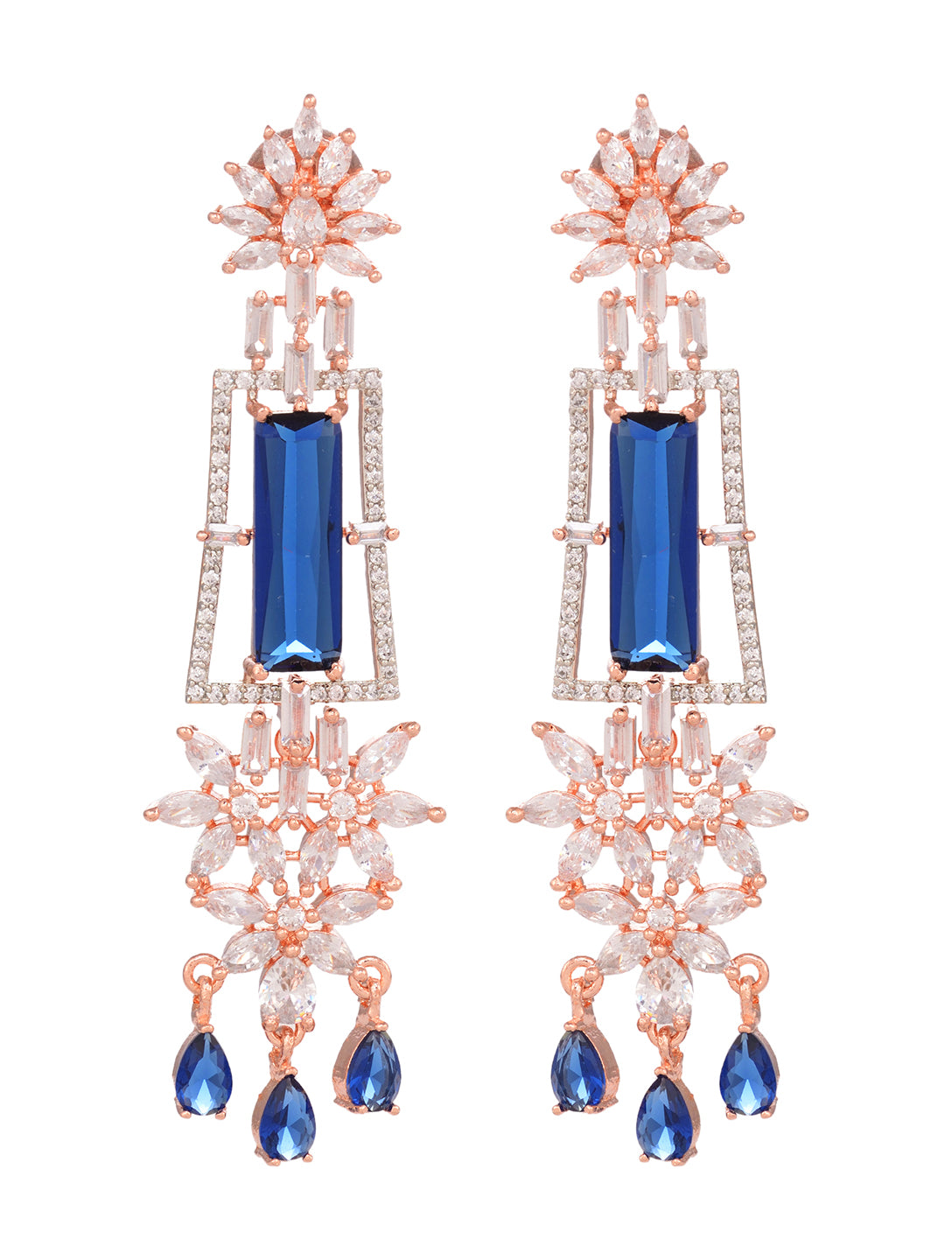 Rose Gold plated Blue AD studded Drop Earrings, zaveri pearls, sale price rs, sale price, sale gold plated, sale gold, sale, rubans, ring, regular price, priyassi jewellery, kushal's - Saraf 