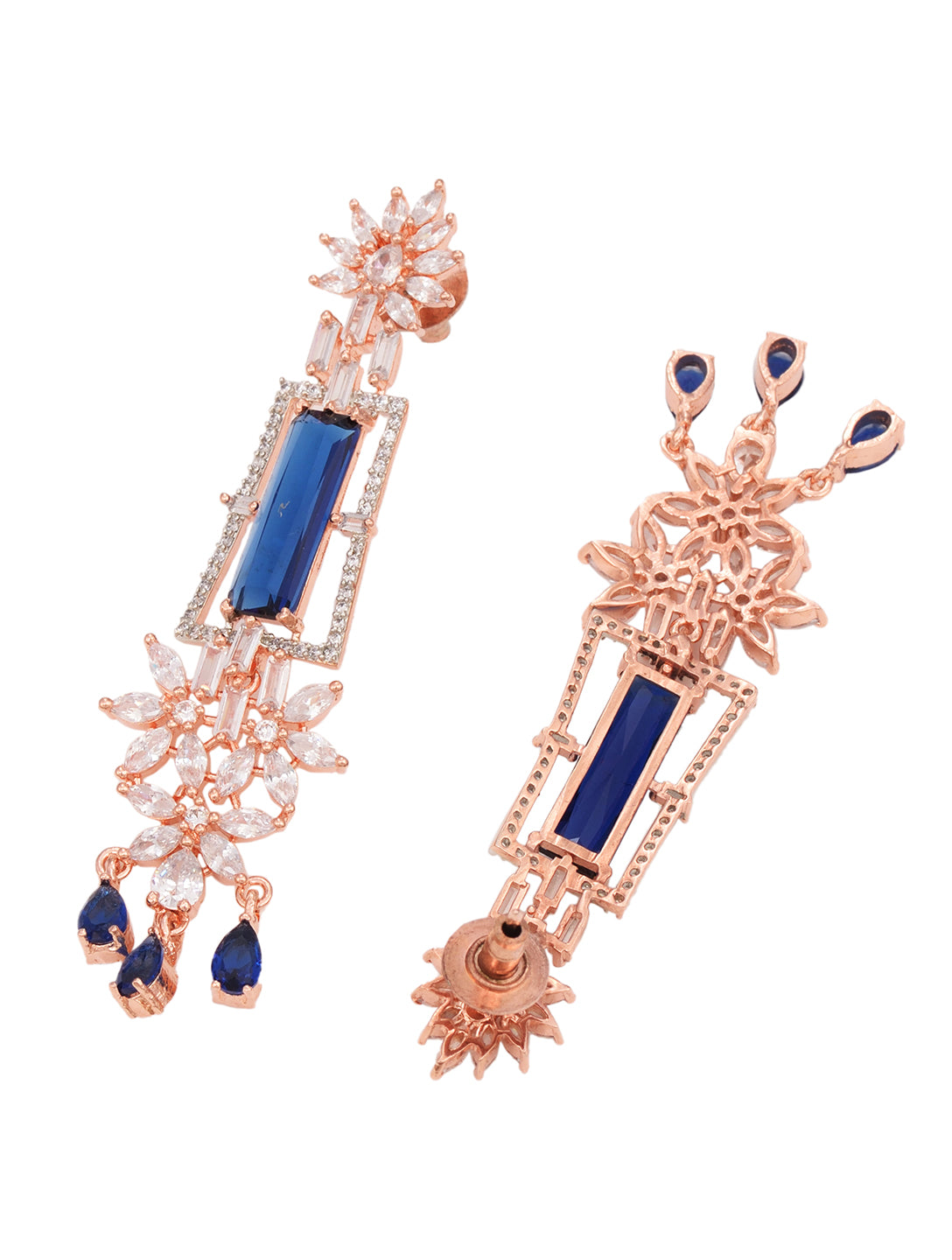 Rose Gold plated Blue AD studded Drop Earrings, zaveri pearls, sale price rs, sale price, sale gold plated, sale gold, sale, rubans, ring, regular price, priyassi jewellery, kushal's - Saraf 