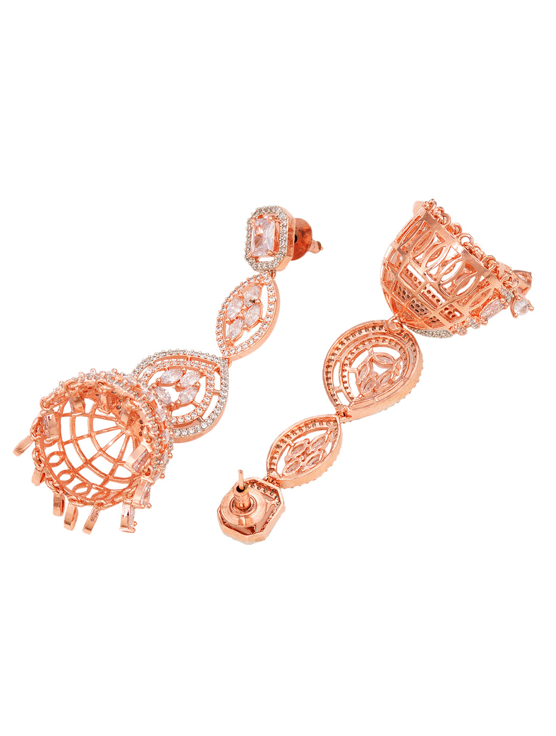 Rose Gold plated Bell shaped AD studded Jhumka Earrings, zaveri pearls, sale price rs, sale price, sale gold plated, sale gold, sale, rubans, ring, regular price, priyassi jewellery, kushal's