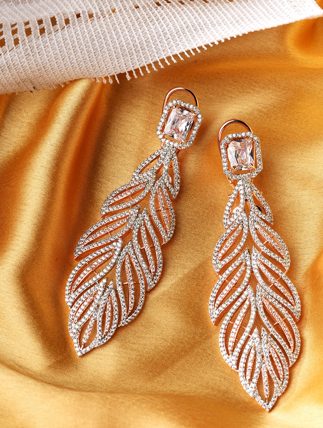 Rose Gold plated Leaf Design AD studded Earrings, zaveri pearls, sale price rs, sale price, sale gold plated, sale gold, sale, rubans, ring, regular price, priyassi jewellery, kushal's - Sara
